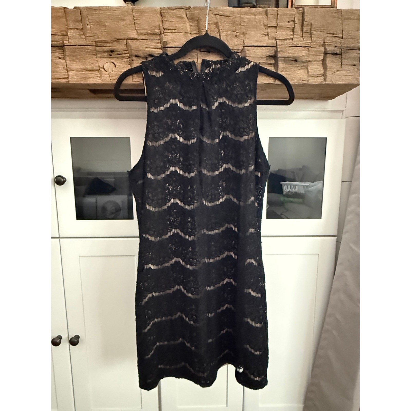 Love Fire Black Lace Overlay Mini Dress Sz L High Neck Sleeveless Bodycon