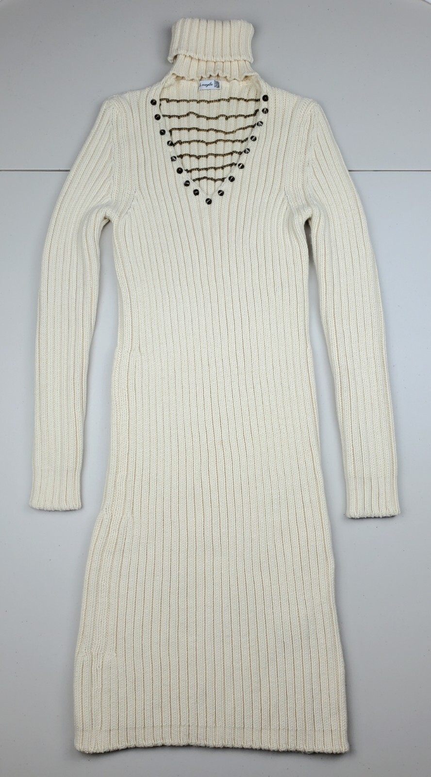 White Cream Cable Knit Turtle/V-neck Chain Thick Bodycon Sweater Dress Size M