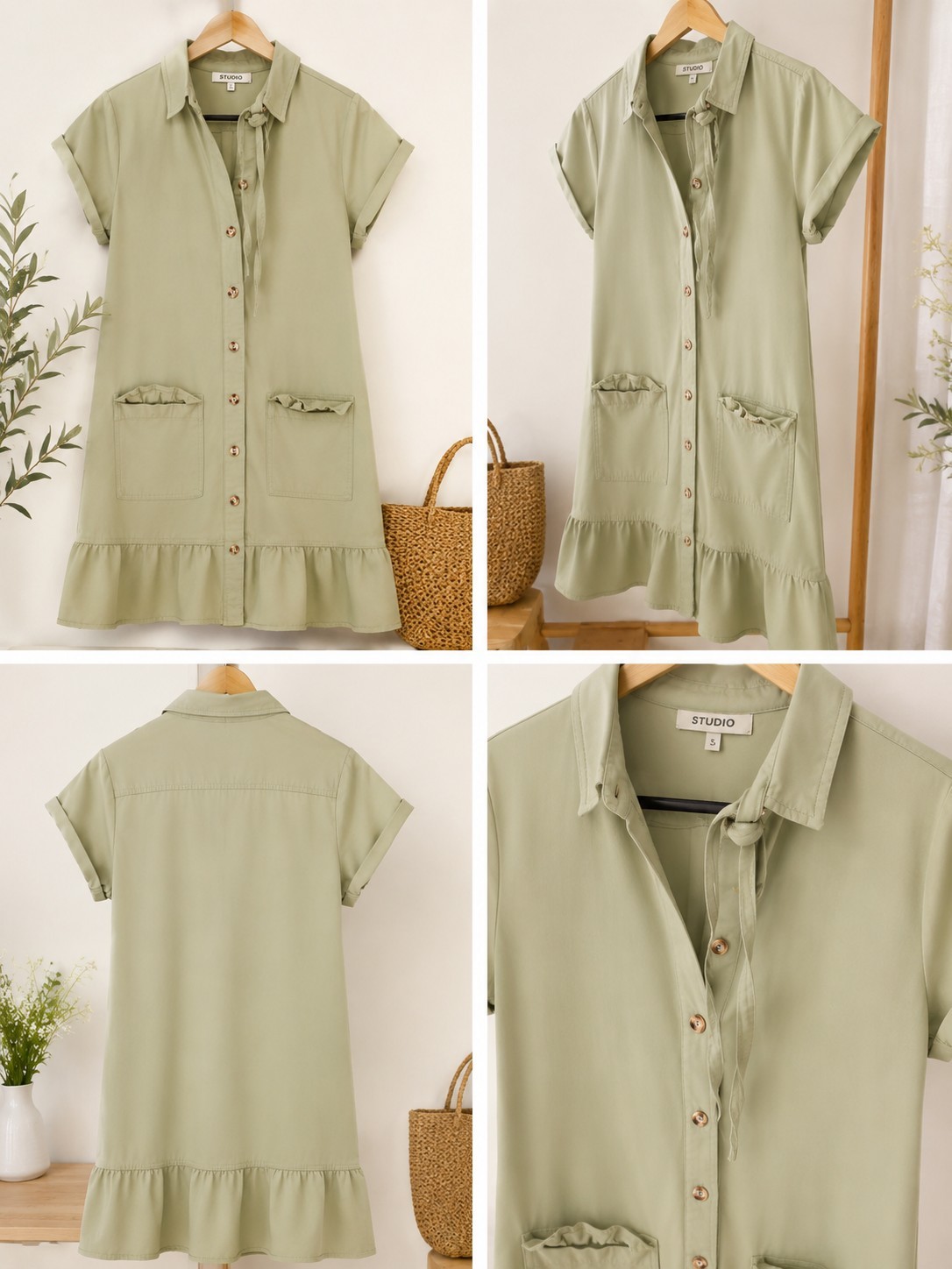 STUDIO Women’s Green Solid Shirt Dress Button Front Collared Ruffle Pockets S