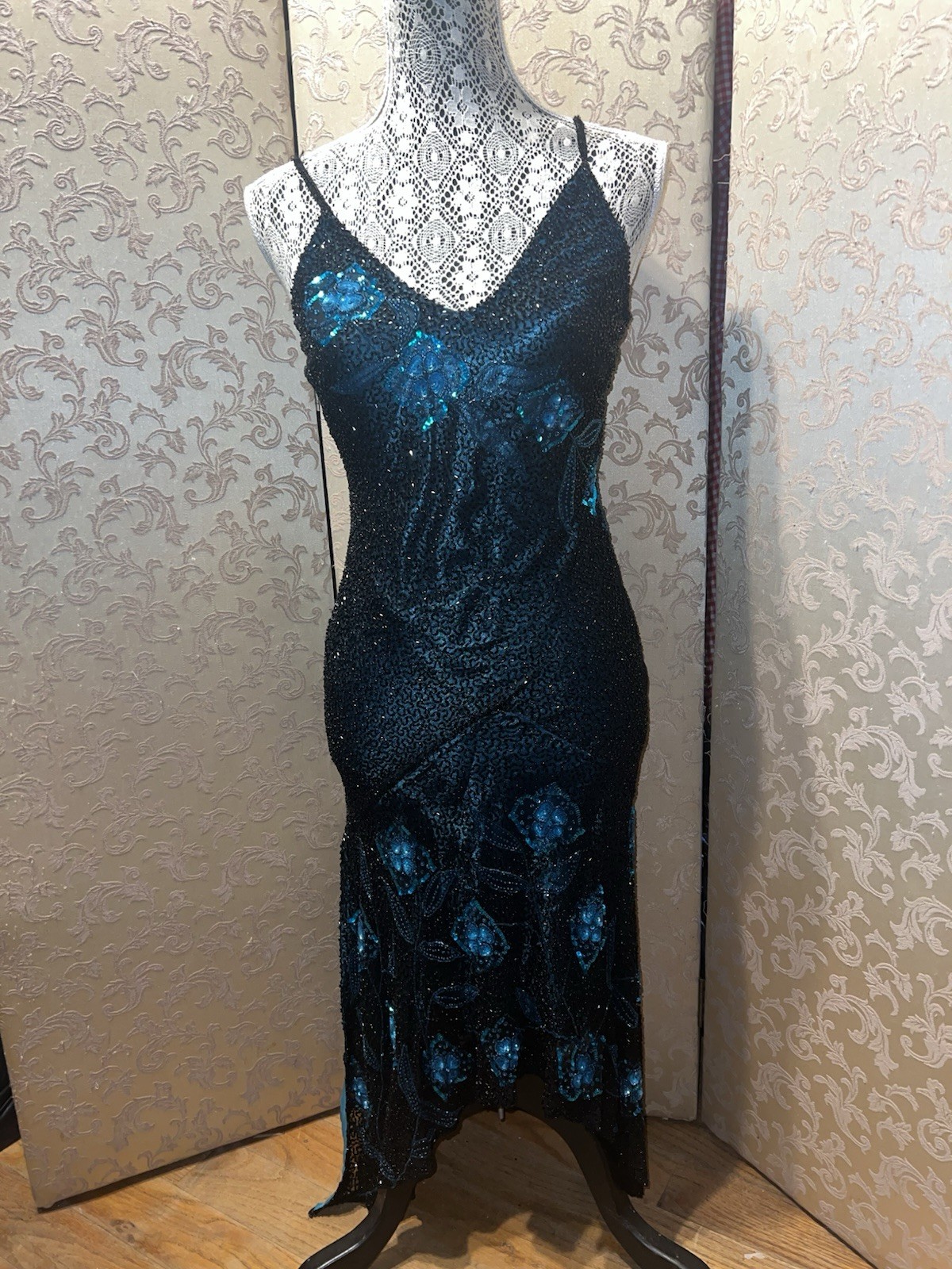 SCALA Black Blue Floral Beaded Sequin Asymmetrical Dress Size XS