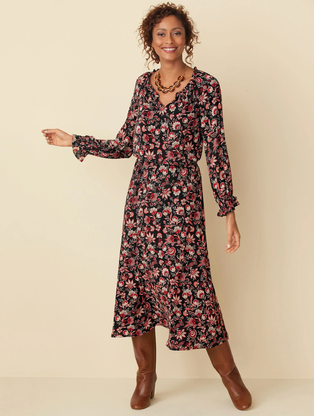 Talbots BRACELET SLEEVE AUTUMN GARDEN MIDI DRESS Petite Size PS $149 NWT
