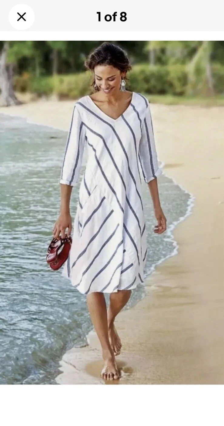 Soft Surroundings Women’s White/Blue Striped Linen Cotton Dress XS