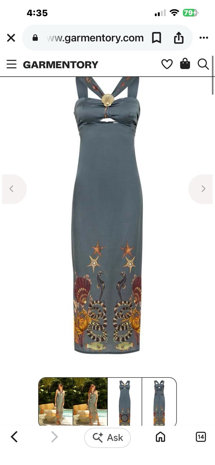 Carolina K Silk Halter Maxi Dress Light Teal Reef Coral Print Size S