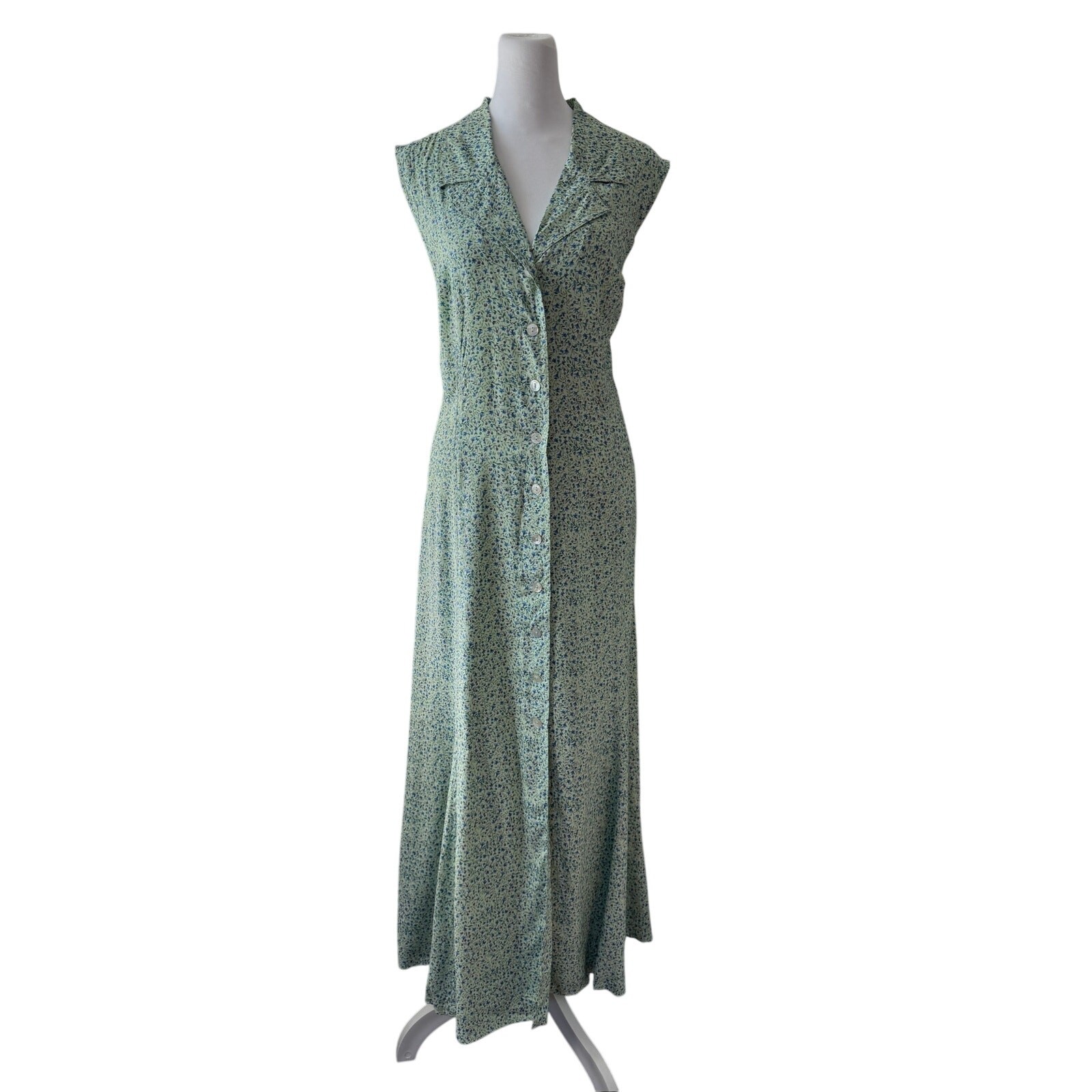 Vintage Y2K Robbie Bee Mint Green Floral Print Collared Button Front Maxi Dress