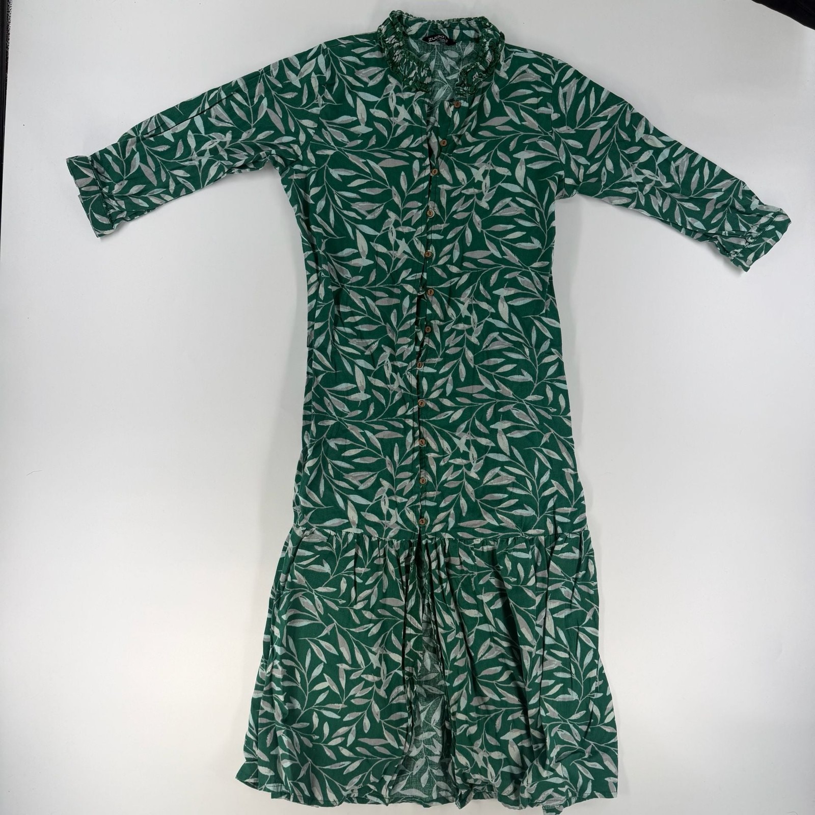 0814 Small Zudio Green Leaf Print Tiered Shirt Dress