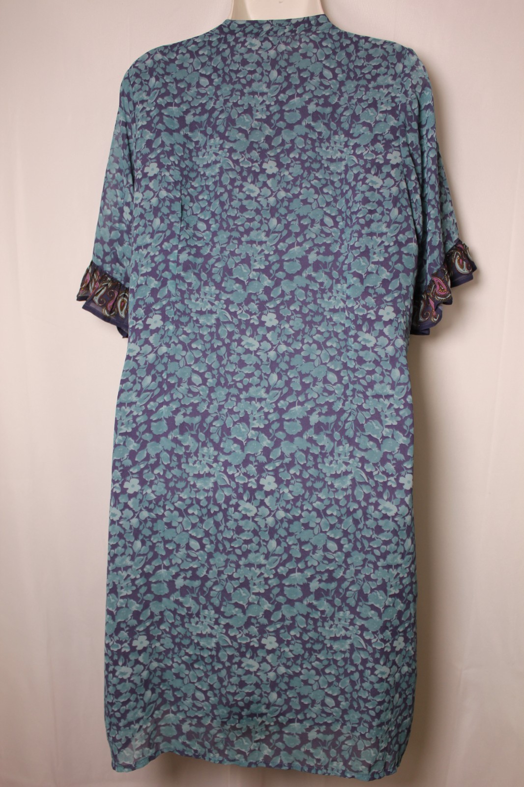 NIZA Spain Blue Paisley Shift Dress Beaded Bohemian Ruffle Sleeve Tunic Size 10