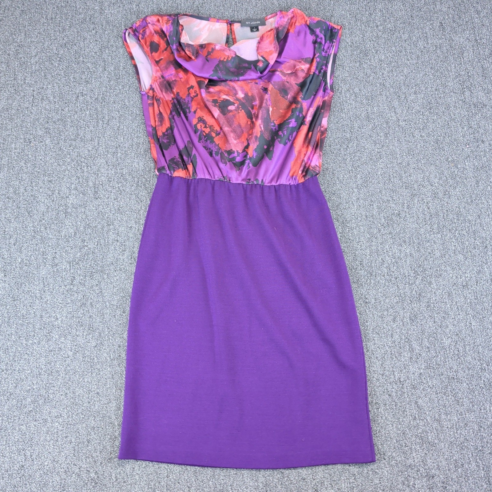 St John Luxury Silk Wool Floral Cowl Neck Sheath Dress Womens 6 Purple USA PF13
