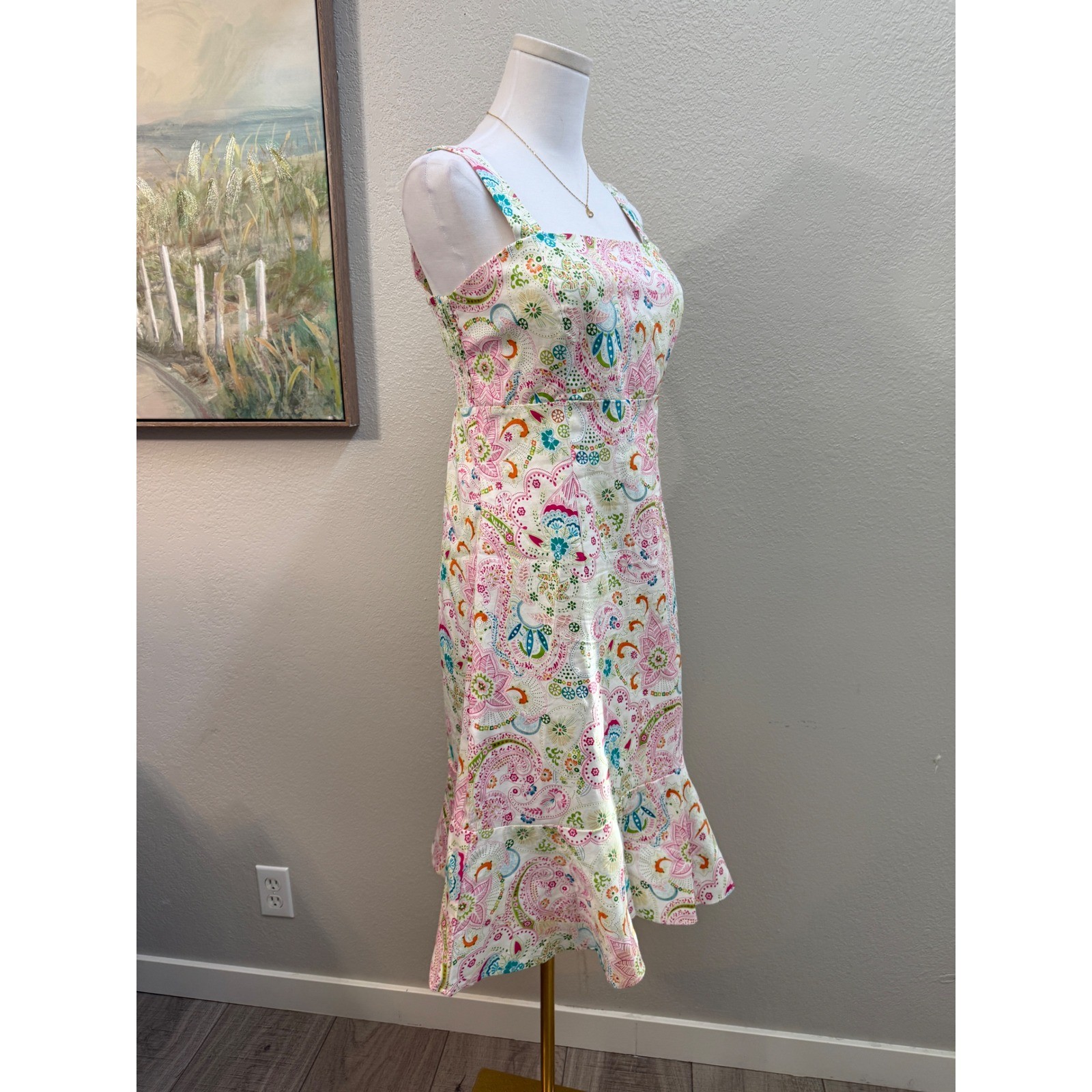 Karin Stevens Y2K Paisley Cotton Sundress Pink Floral Ruffle Hem Size 10
