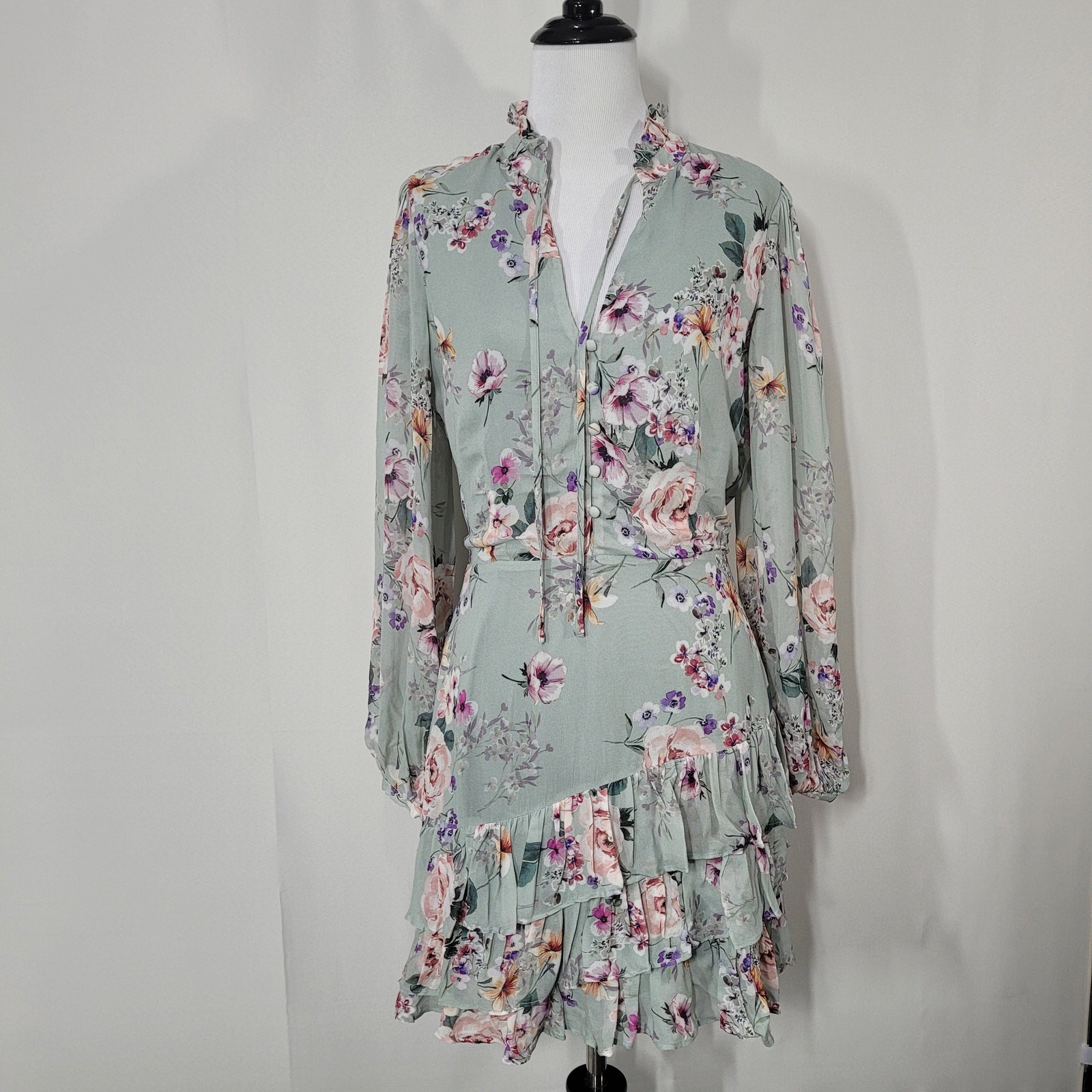 Yumi Kim Silkwood Sage Jenna Mini Dress Blouson Long Sleeves Ruffle Skirt Small