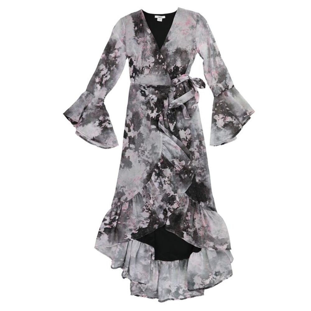 bar III Romantic Ruffle Hem Wrap Dress Splatter Goth Boho Bell Sleeves