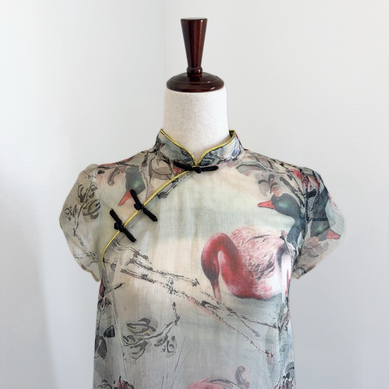 Delicate Cheongsam Dress Womens Small* Bird Mandarin Collar Whimsical Dainty