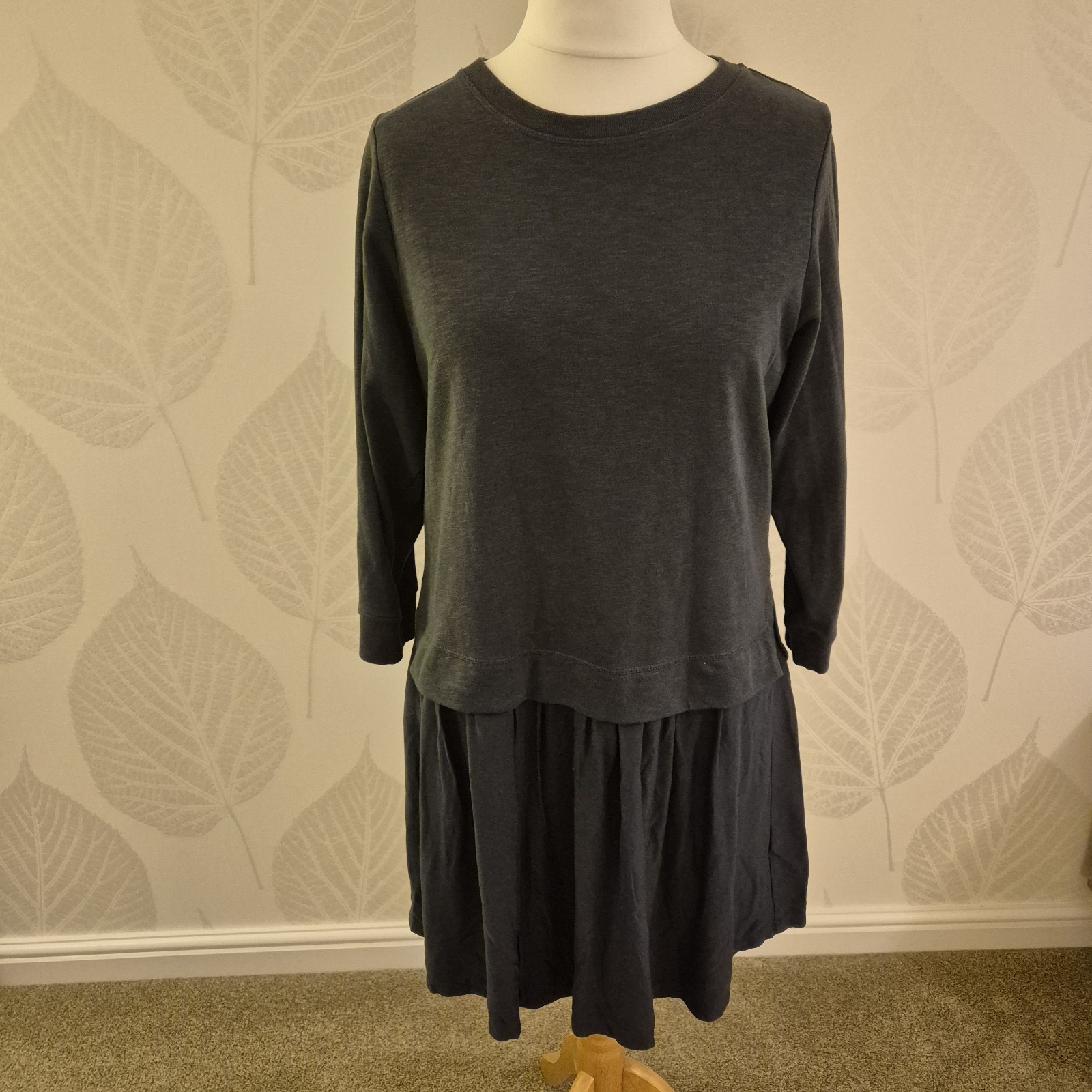 Oliver Bonas Size 12 Dark Grey Casual Mini Dress Comfy Winter Spring 3/4 Sleeve