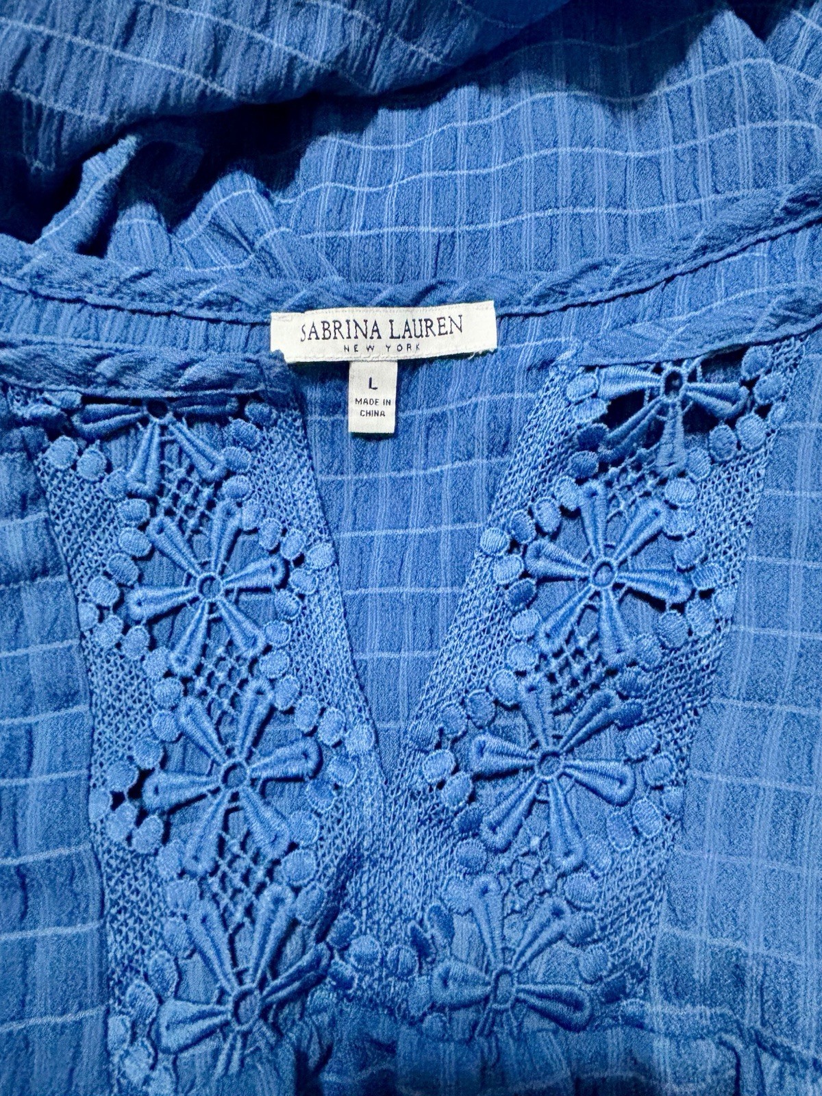 NWOT Blue Textured Embroidered V-Neck Tie Waist Dress Size L