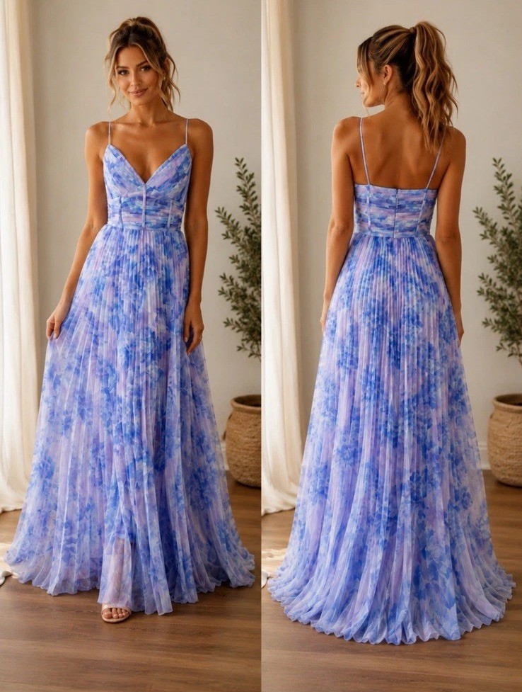 Aqua for Bloomingdales Blue/Purple Floral Accordion Mesh Fit & Flare Gown 1