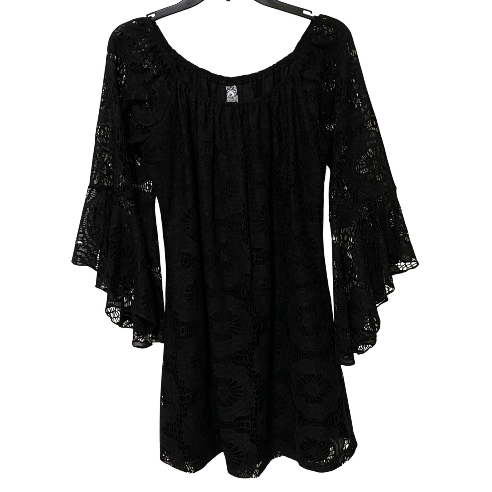 Black Lace Boho Gypsy Bell Sleeve Mini Dress L Dark Feminine Romantic Made USA
