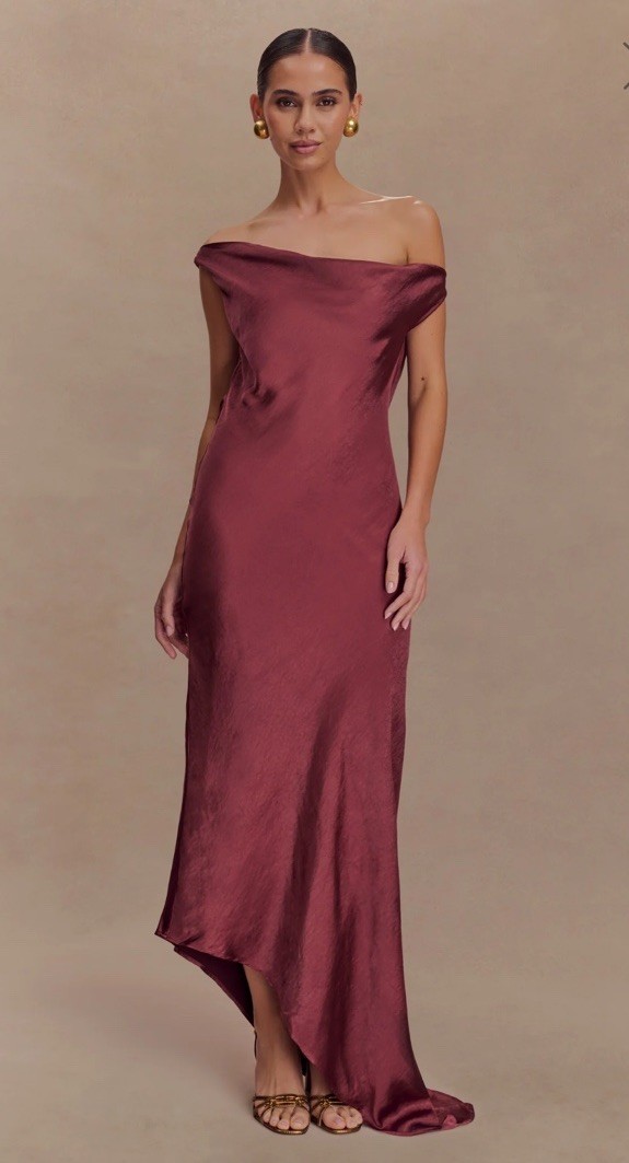 MESHKI Yvette Slip Maxi Dress With Asymmetrical Hem Brown Cherry Sz L NWT