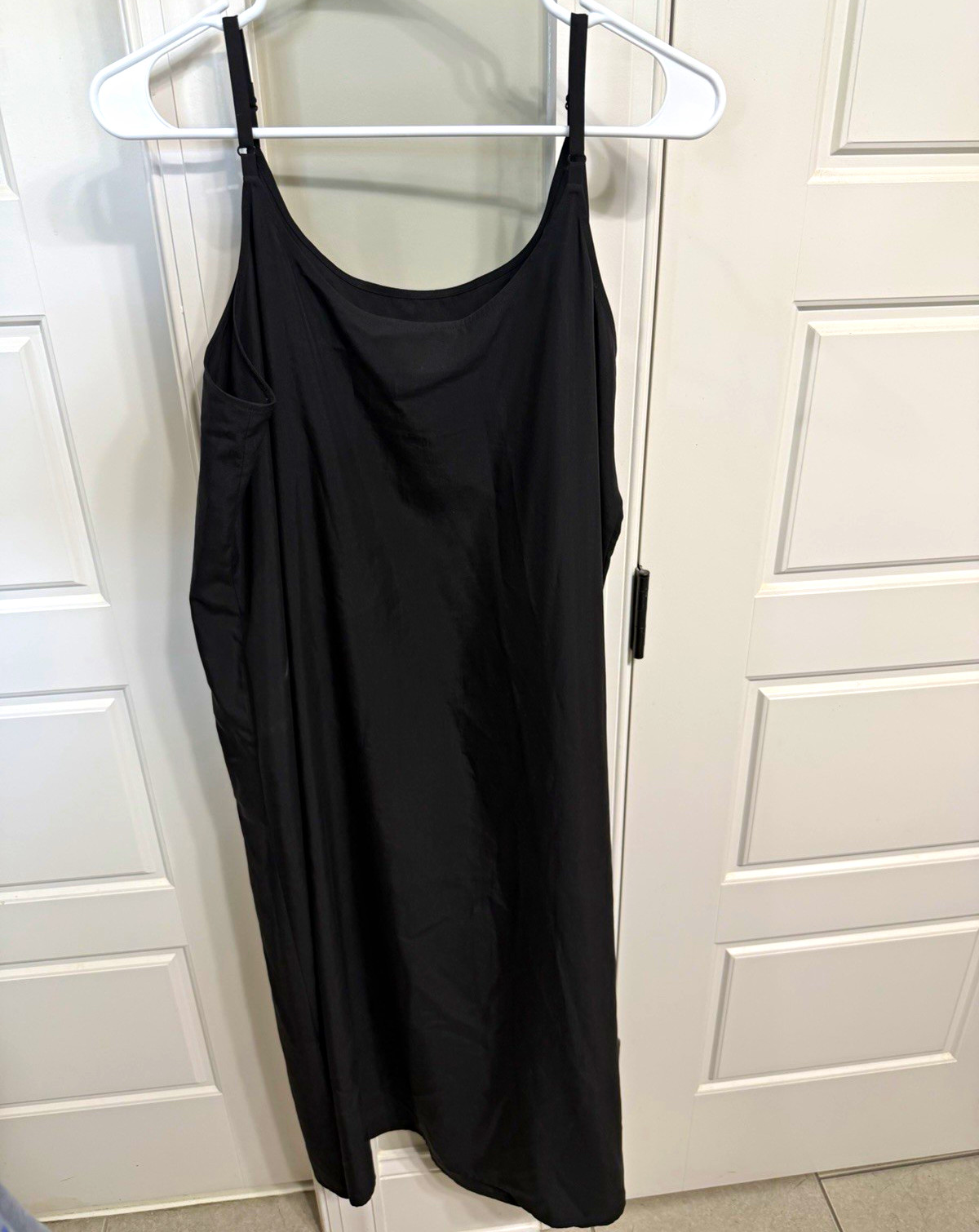 Eileen Fisher Slip Dress L/G Black Satin Scoop Neck Sleeveless Midi Pullover