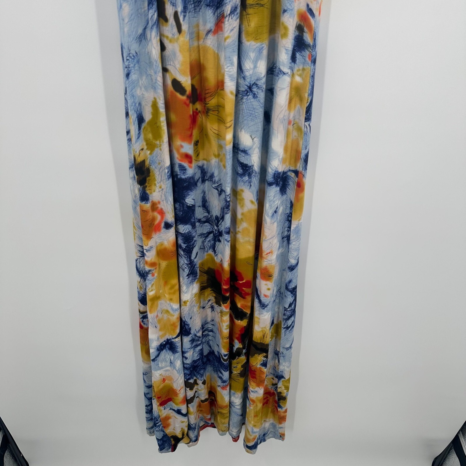 Calvin Klein Women Blue Yellow Abstract Floral Maxi Dress Empire Waist Stretch S