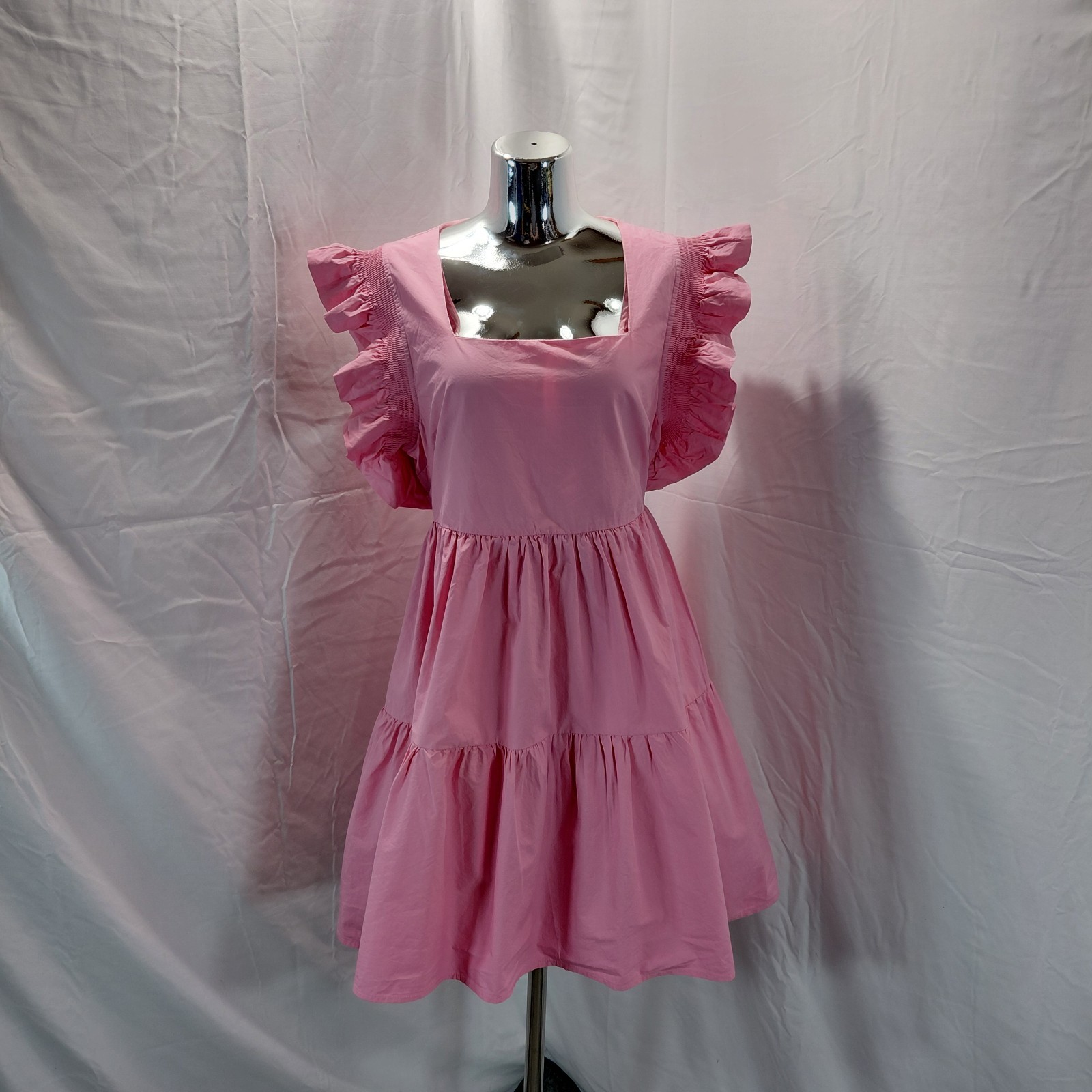 English Factory Bubblegum Pink Square-Neck Tiered Mini Dress Woman’s Size L