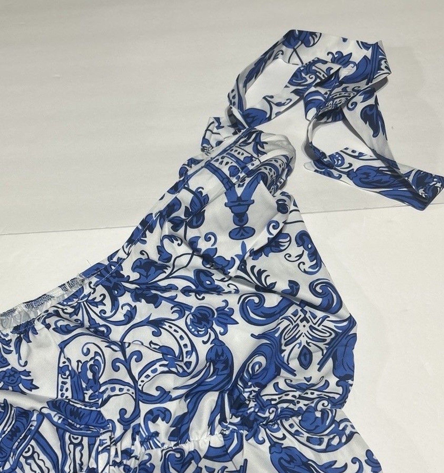 Womens Blue White Majolica Tile Print Dress Medium Smocked Baroque Mediterranean