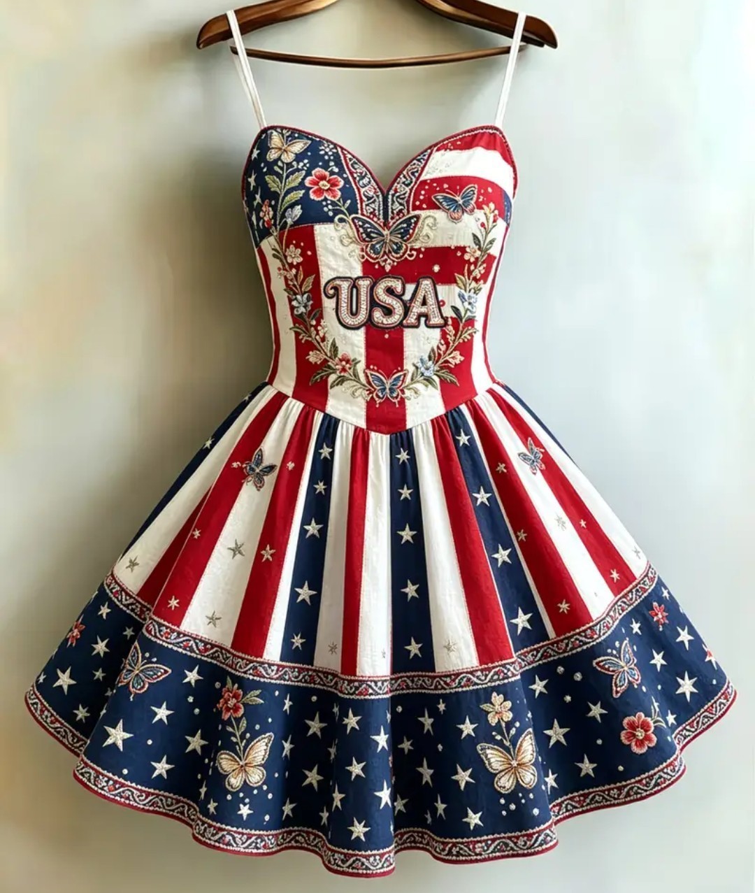American Retro Star-Spangled Flag Butterfly Flower Embroidered& Printed Dress