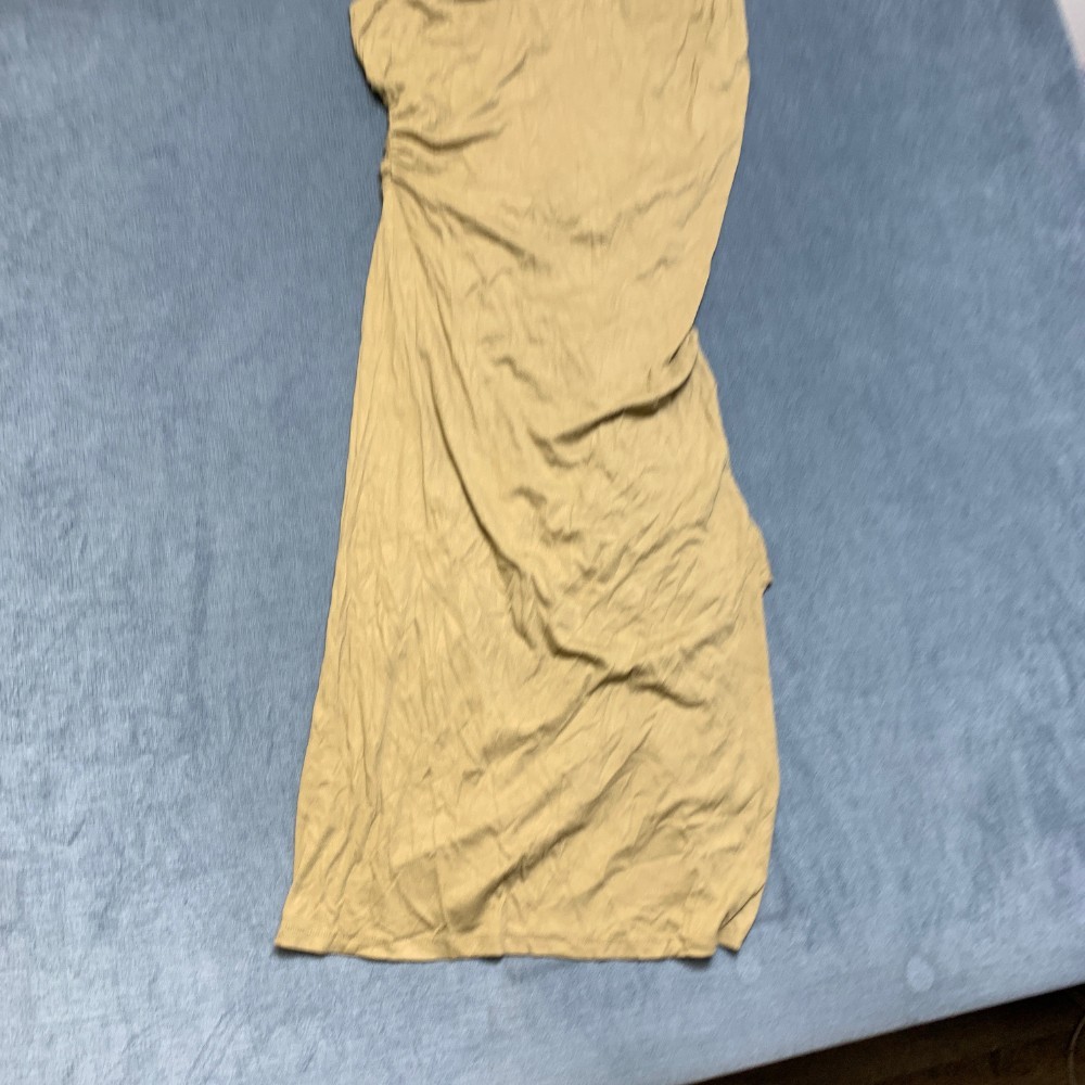 Micas Ruched Bodycon Dress Womens Large Khaki Asymmetric One Shoulder Front Slit