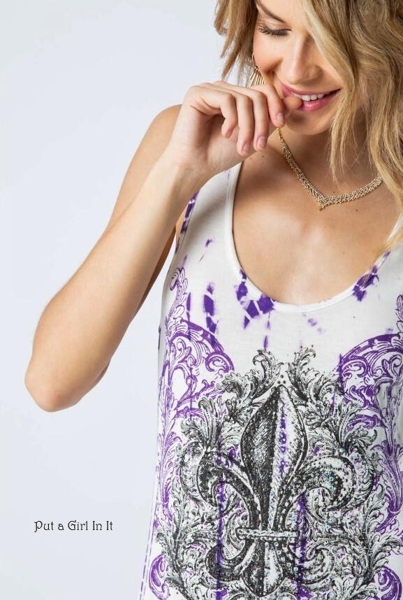 New VOCAL Womens PURPLE TIE DYE CRYSTAL FLEUR DE LIS TUNIC TANK DRESS S M L XL