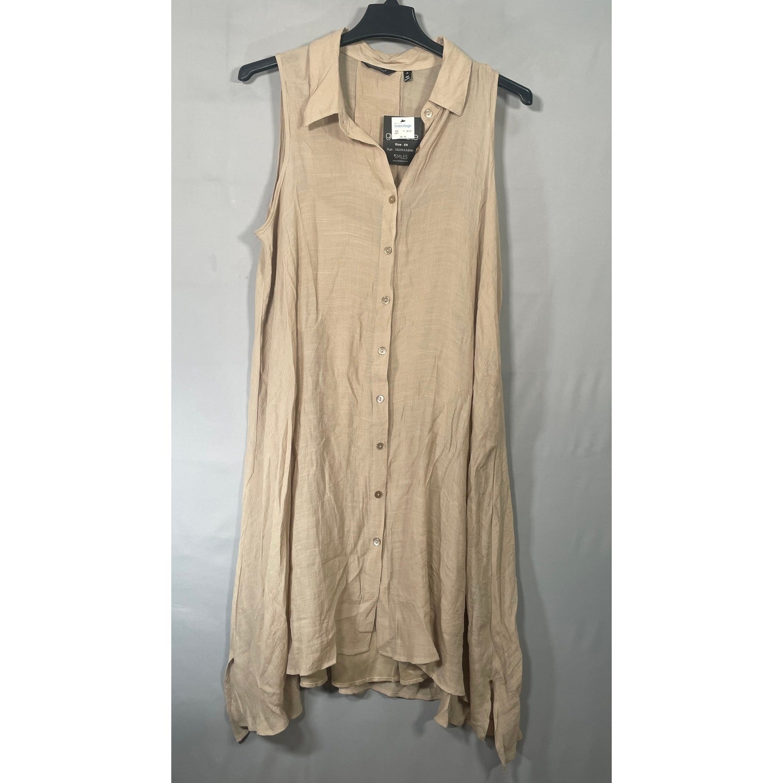 Mlle Gabrielle NWT Womens 2X Tan Sleeveless Button Down Shirt Dress High Low