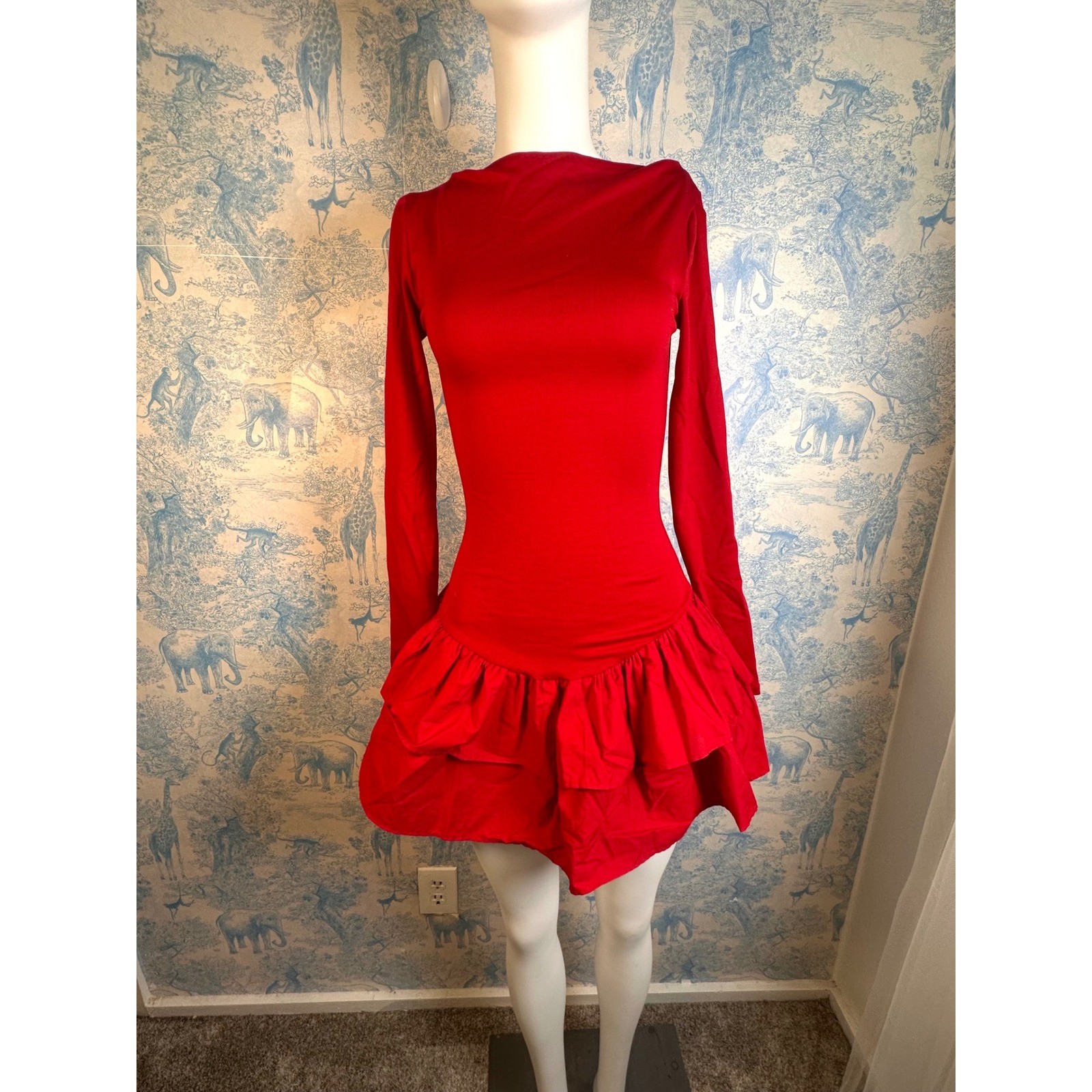 Zara Red Long Sleeve Mini Dress Tiered Ruffle Hem Boat Neck NWT Small