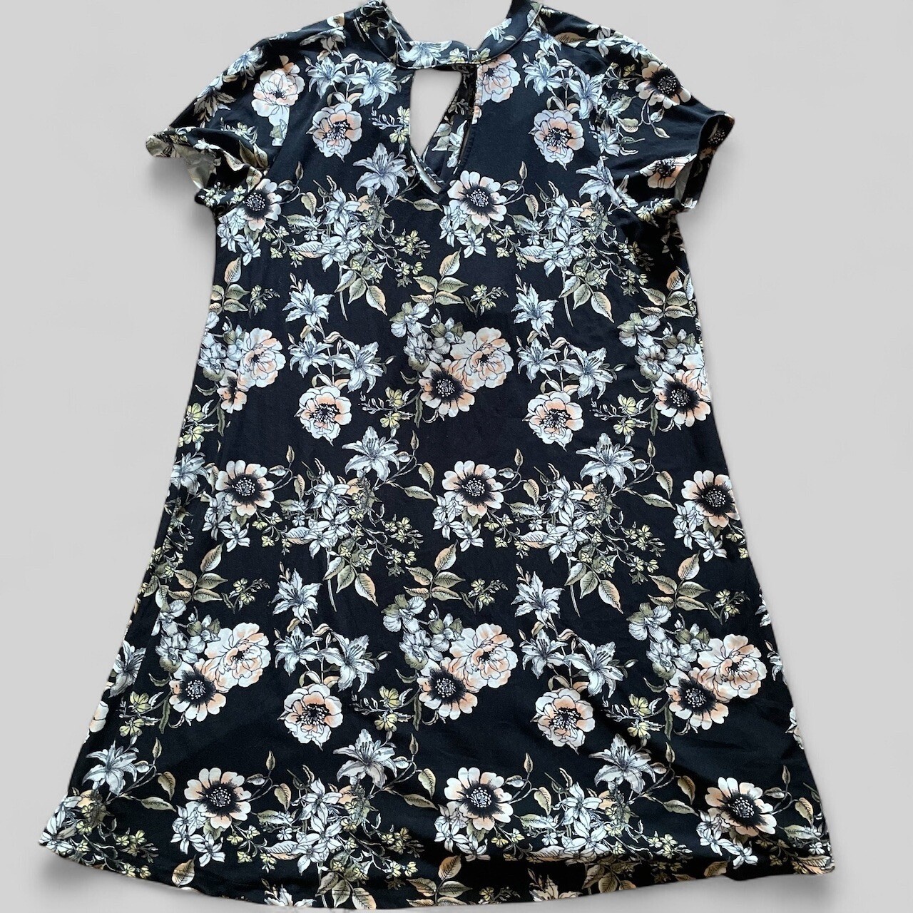 Sauci Womens Floral Mini Shift Dress Large Tie Back Casual Black Stretch Comfort