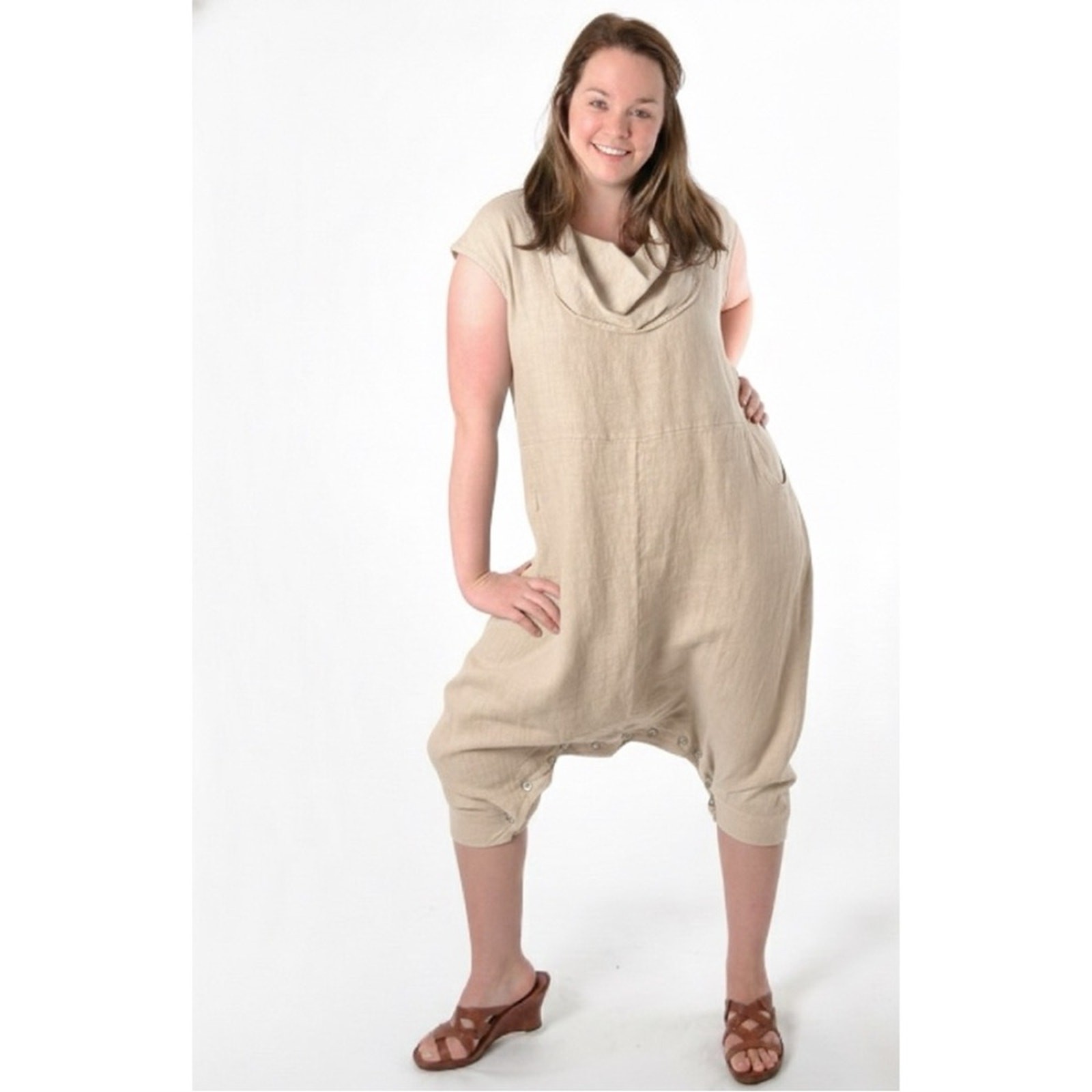 Bryn Walker Atticus Romper Jumpsuit Dress Med Sand Linen Lagenlook Artsy Boho