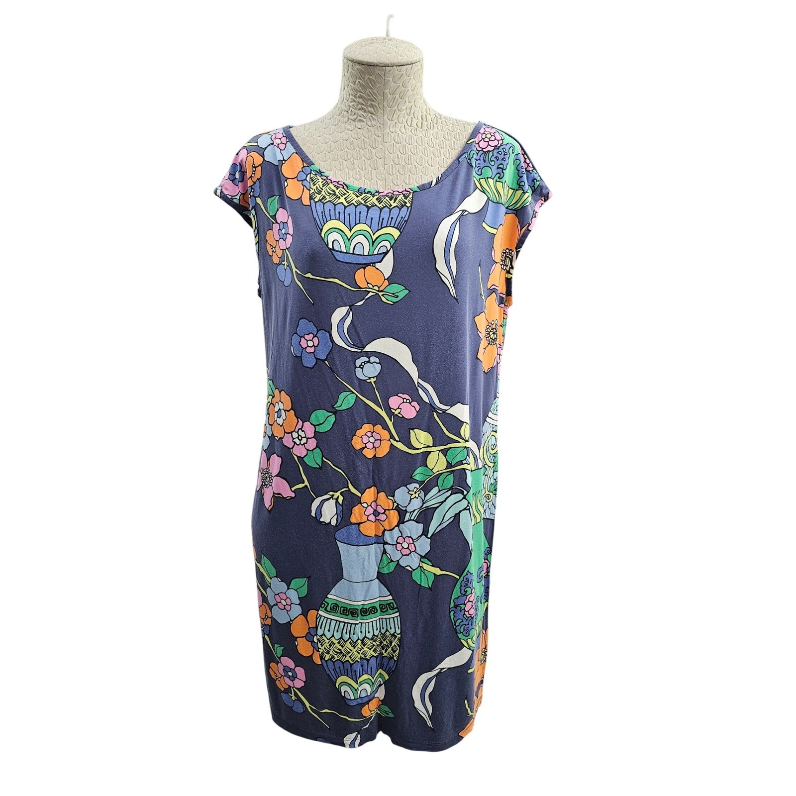 Tori Richard Island Connection Dress Wmns L Blue Floral Vase Rayon Shift Hawaii