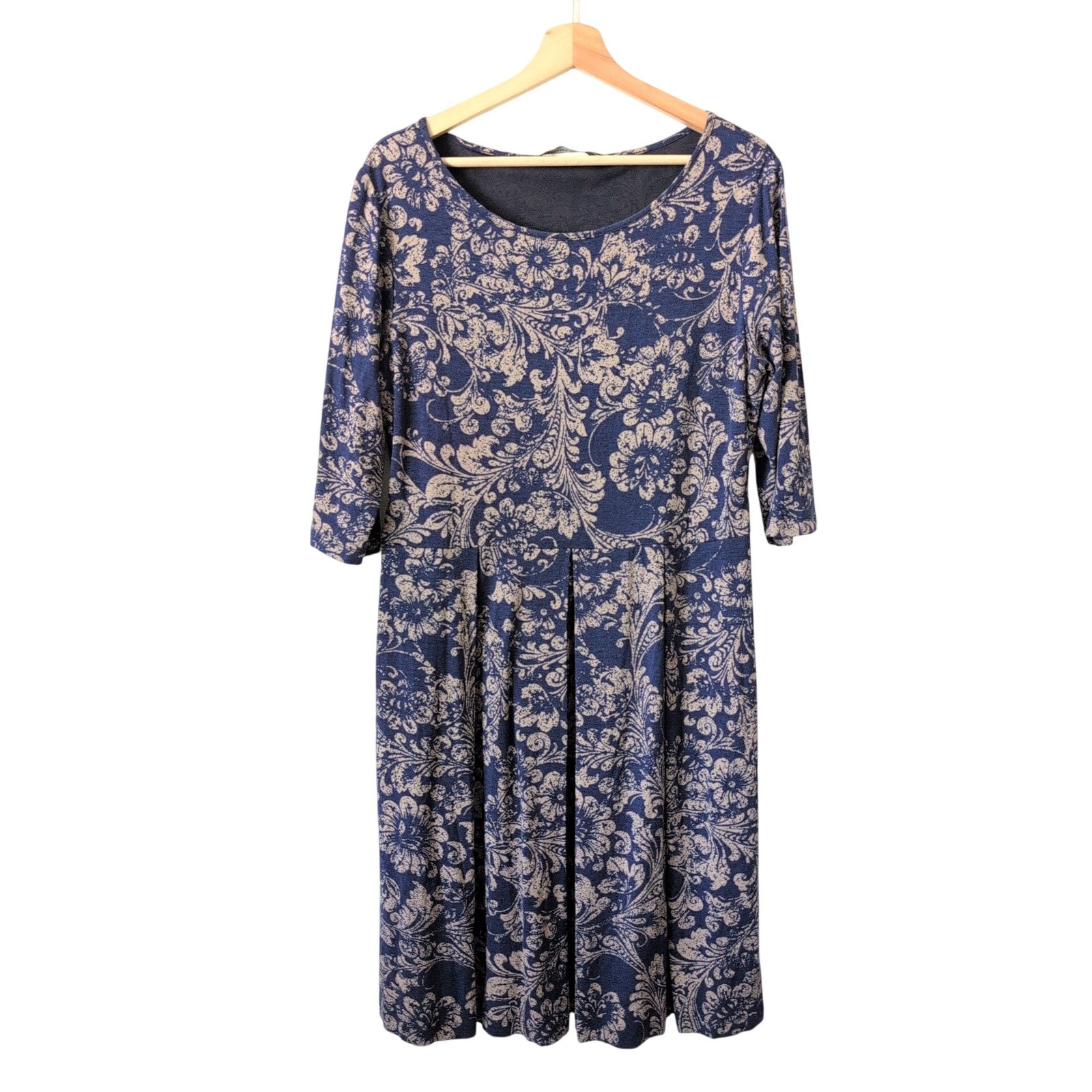 Peruvian Connection Navy Blue Tan Damask Floral 3/4 Sleeve Midi Dress Large
