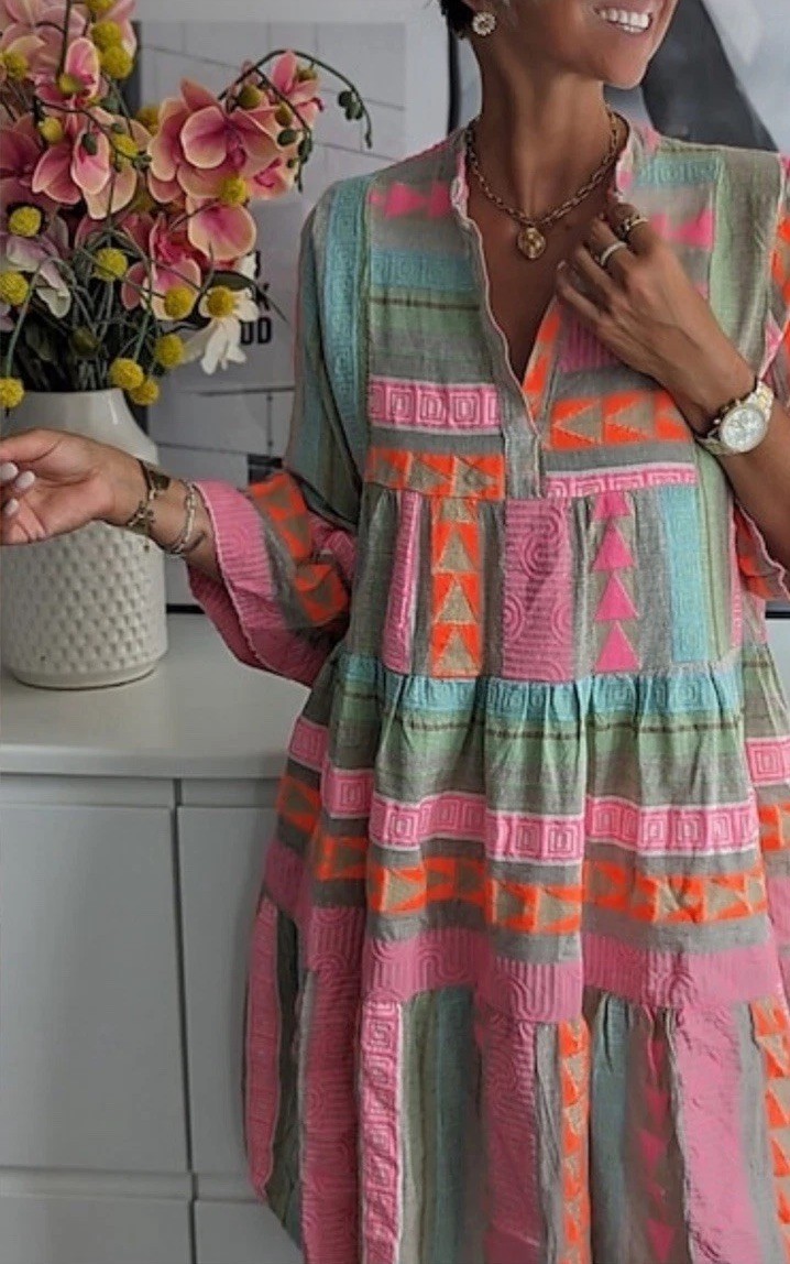 Elan Short A-Line Dress Large Neon Aztec Multicolor Embroidered Tribal Pattern