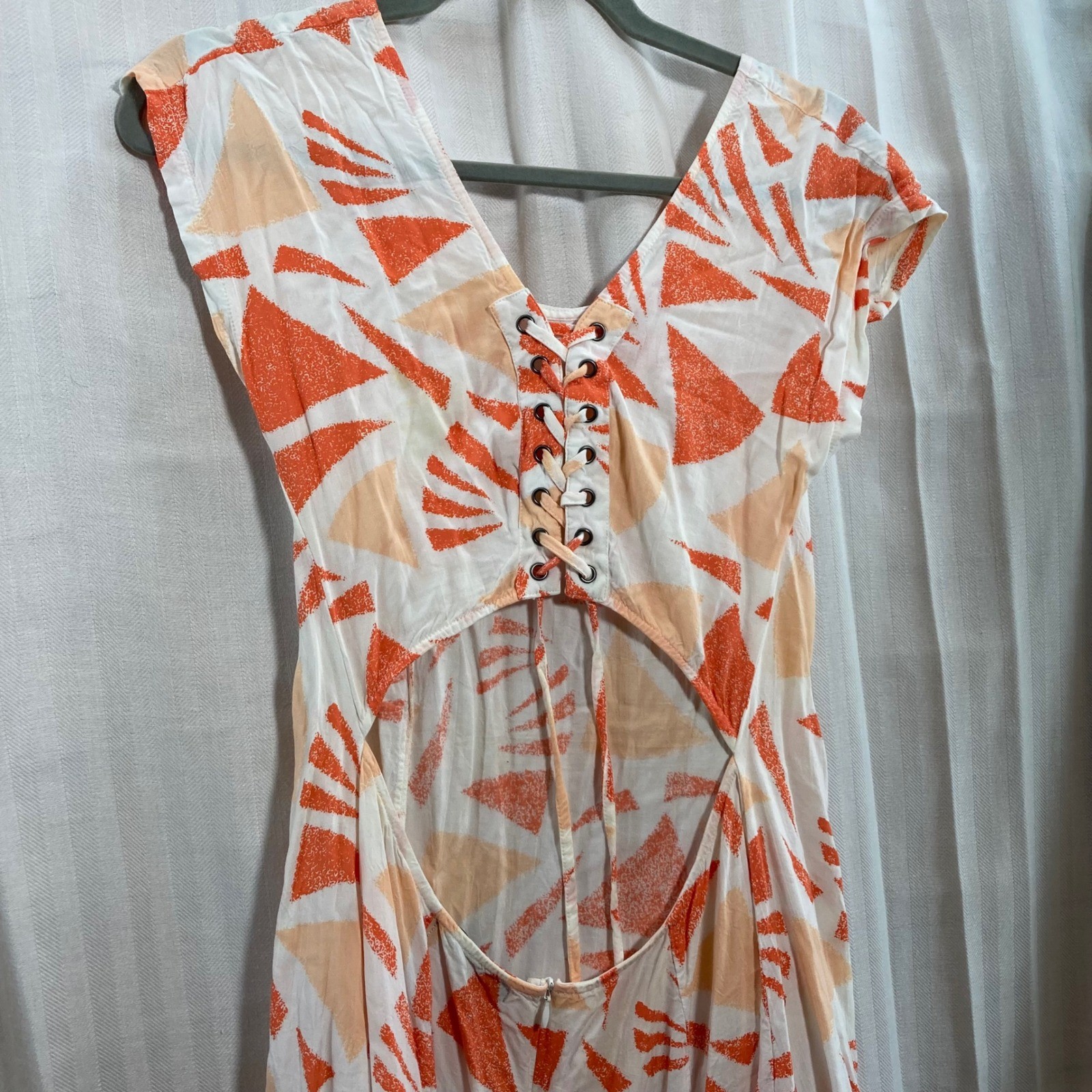 Love Lives Orange Geometric Print Lace Up Back Midi Dress Women’s M Resortwear