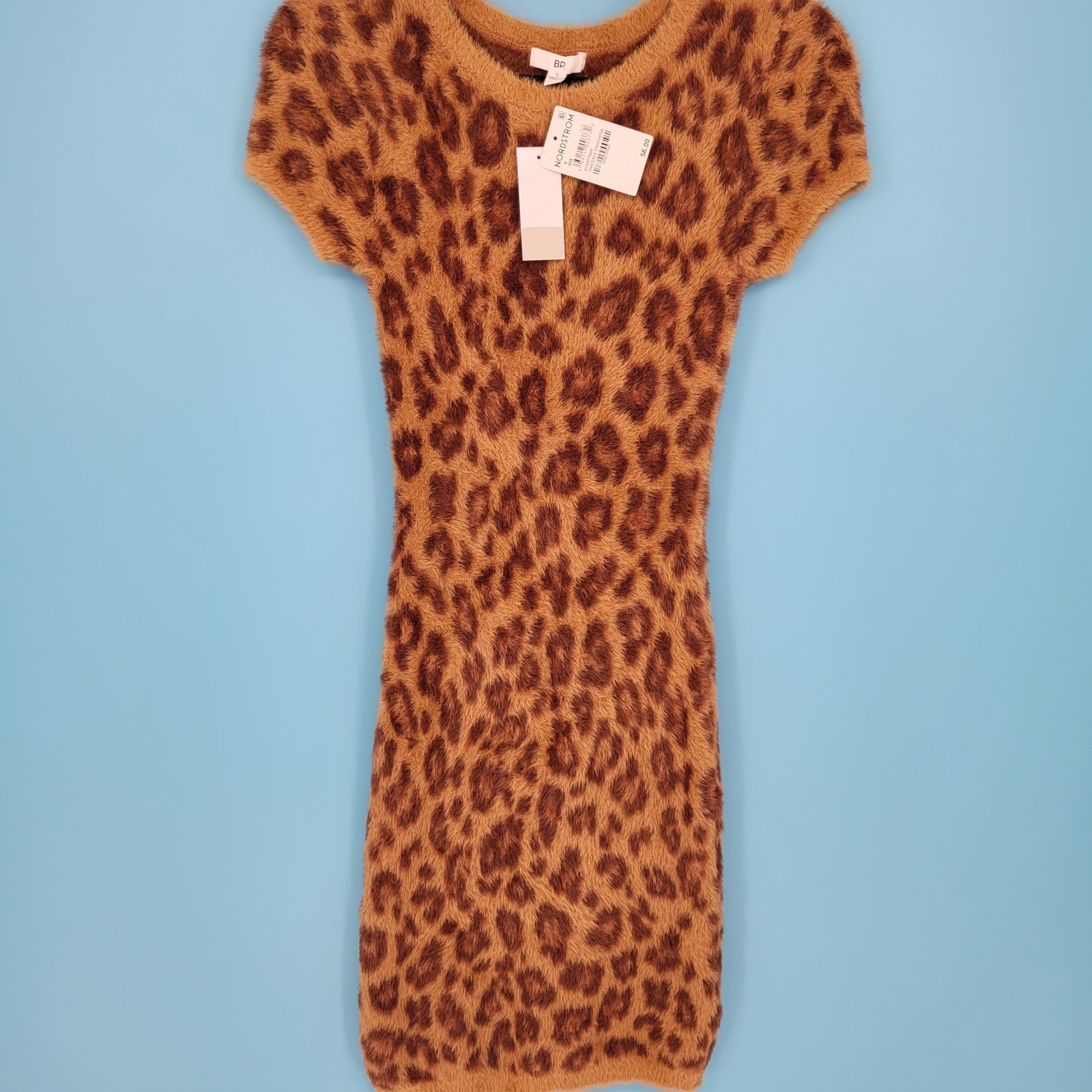 BP. Nordstrom Leopard Print Fuzzy Mini Dress Womens S Eyelash Knit bodycon nwt