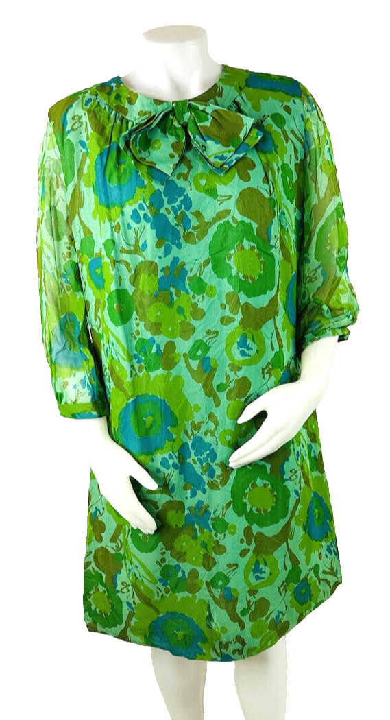 Vintage 50s Womens Medium Floral Pussybow Shift Dress Mad Men Fairy Mod USA