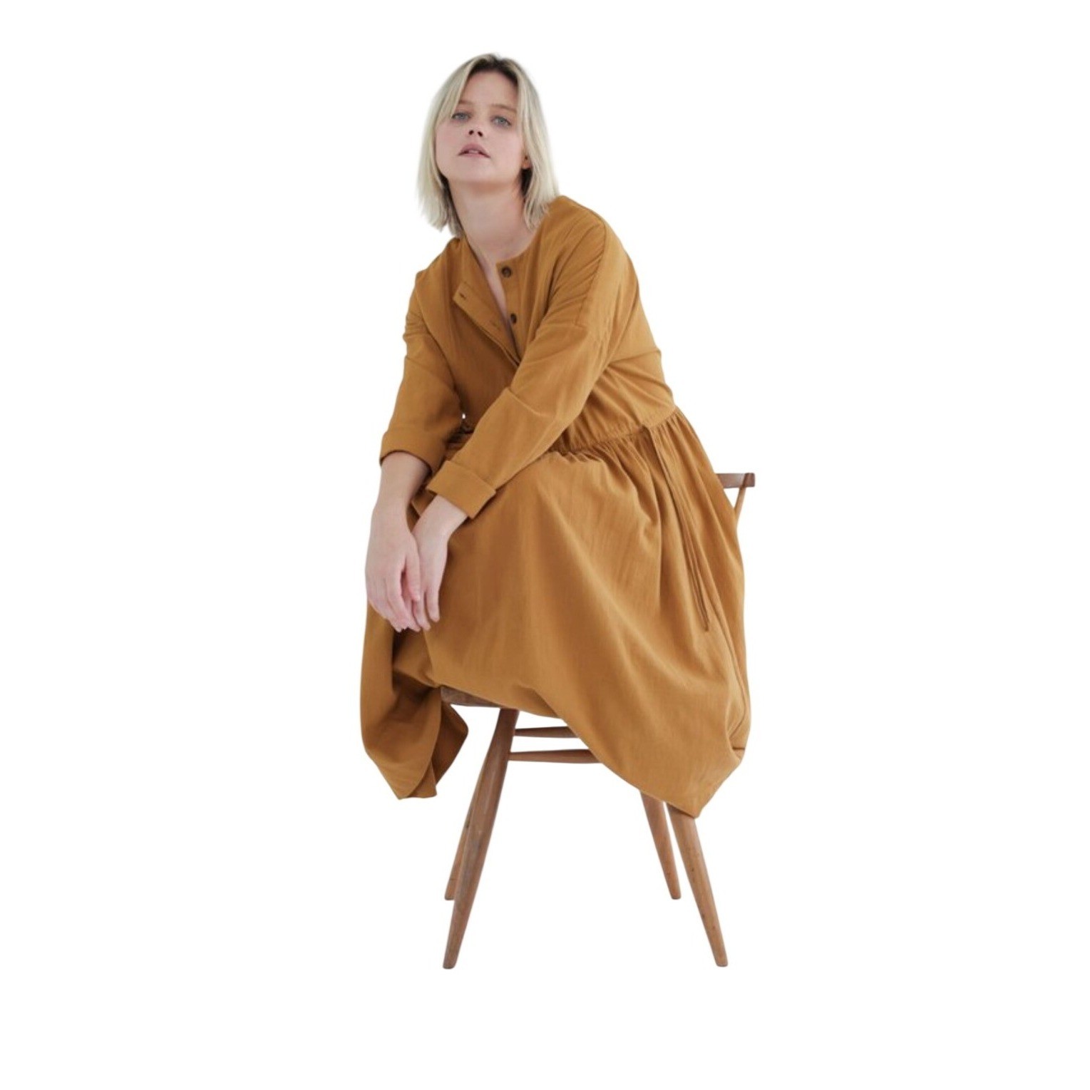 A Mente Waist Tie Long Sleeve Midi Dress Women Small Cashew Mustard Cotton Boho