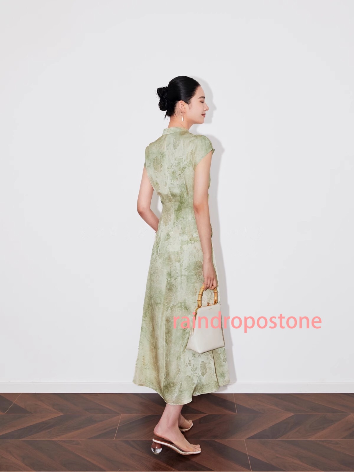 Womens Stand Collar Floral Printed Mid Long Dress Sleeveless Retro Chinese Style