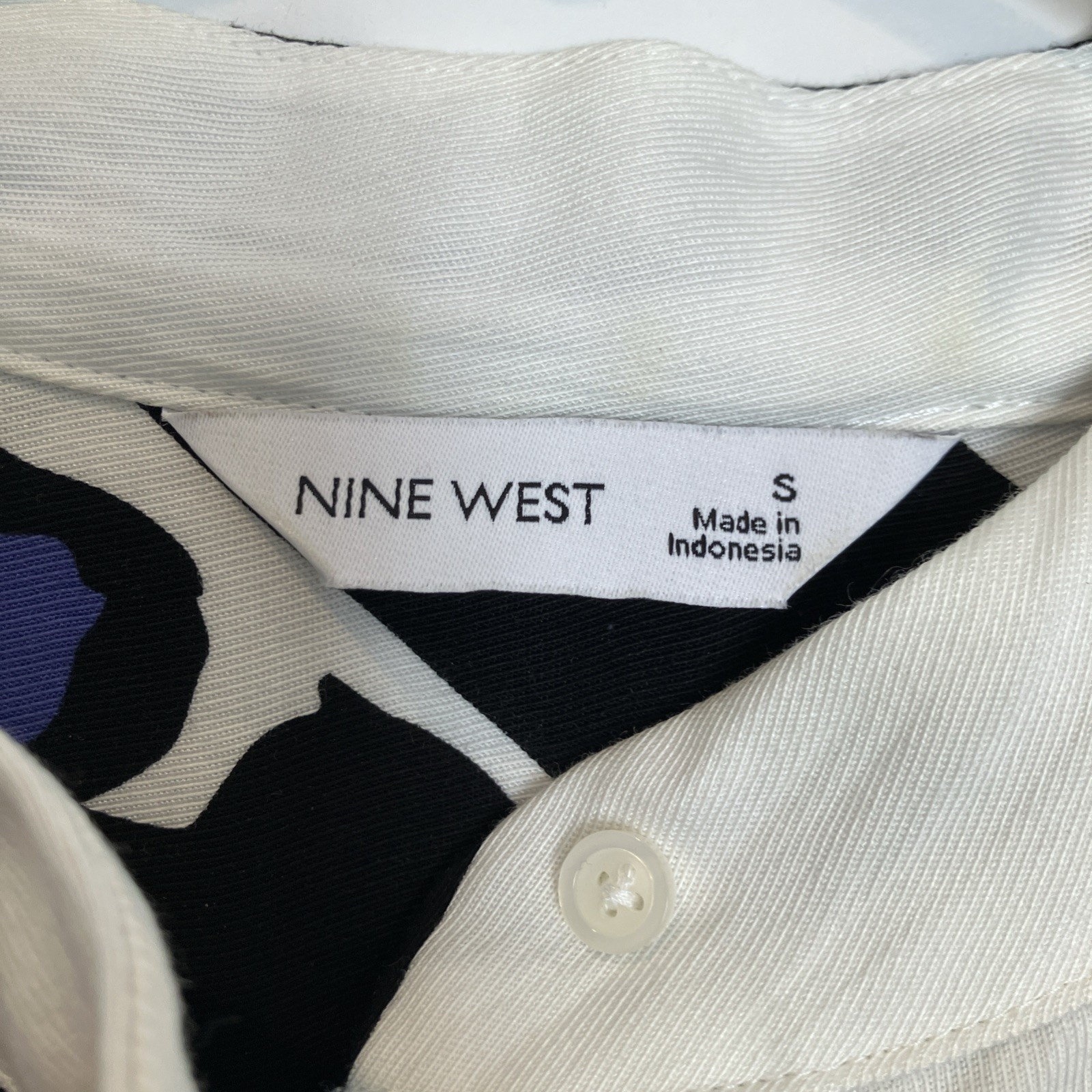 EUC Nine West Floral Abstract Dress Size S White Black Blue Long Dolman