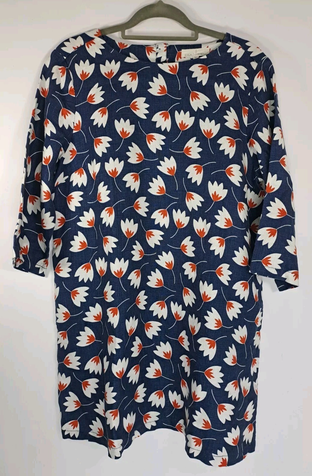Seasalt Sol Blaze Tunic Top Size UK 14 Blue Floral 3/4 Sleeve 100% Linen