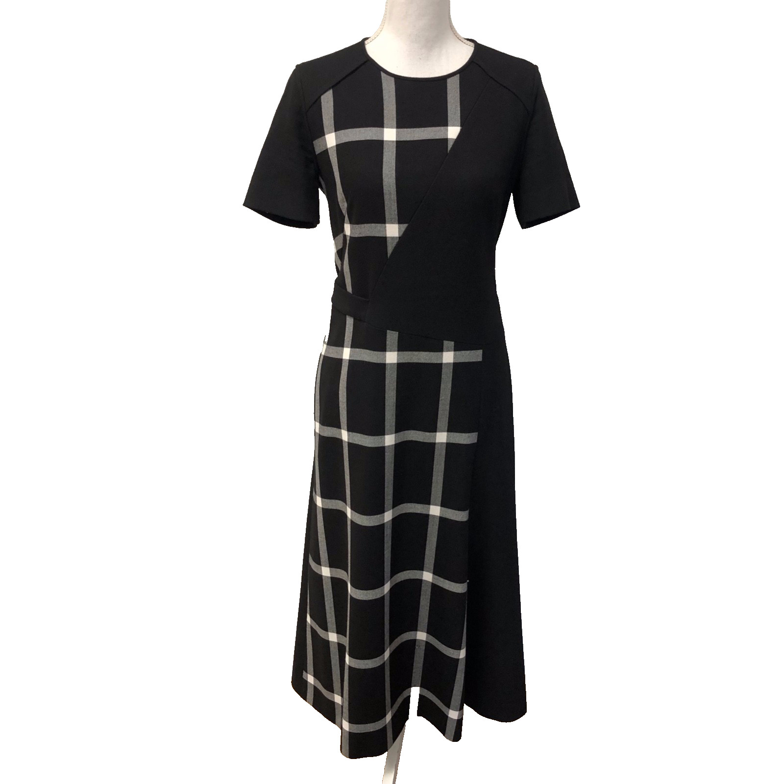 Hugo Boss FS Dilarea Fit And Flare Dress Womens 6 Black White Plaid Business