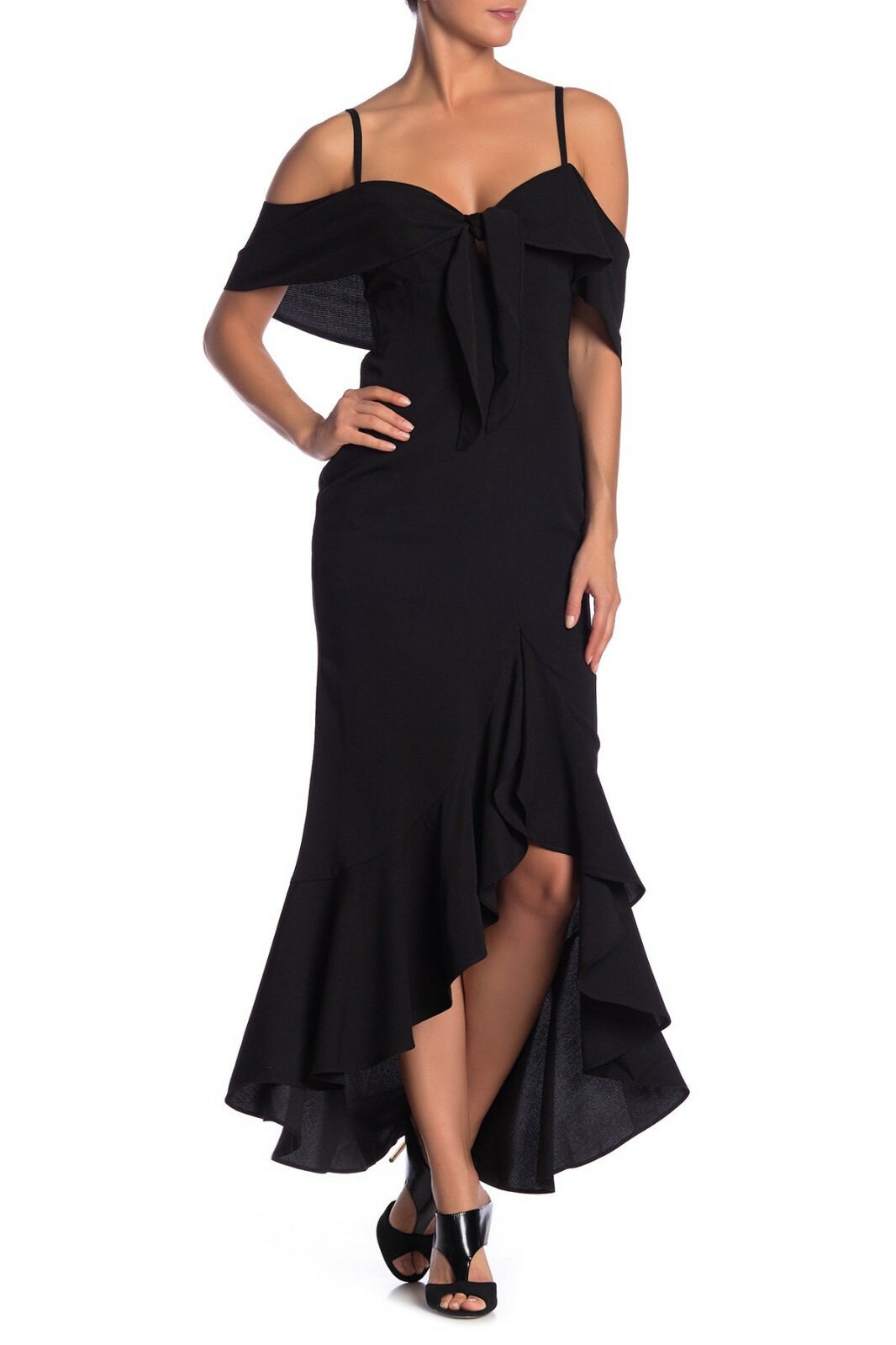 GRACIA Black Ruffle Cold Shoulder Tie Front Asymmetric Midi Cocktail Dress S 4/6