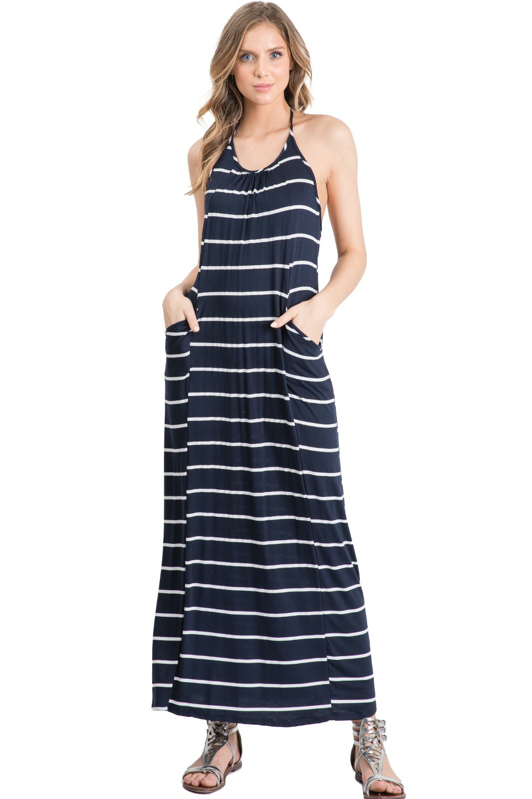 Women’s Fashion Party Casual Striped Floral T Strap Back Side Pocket Maxi Dress