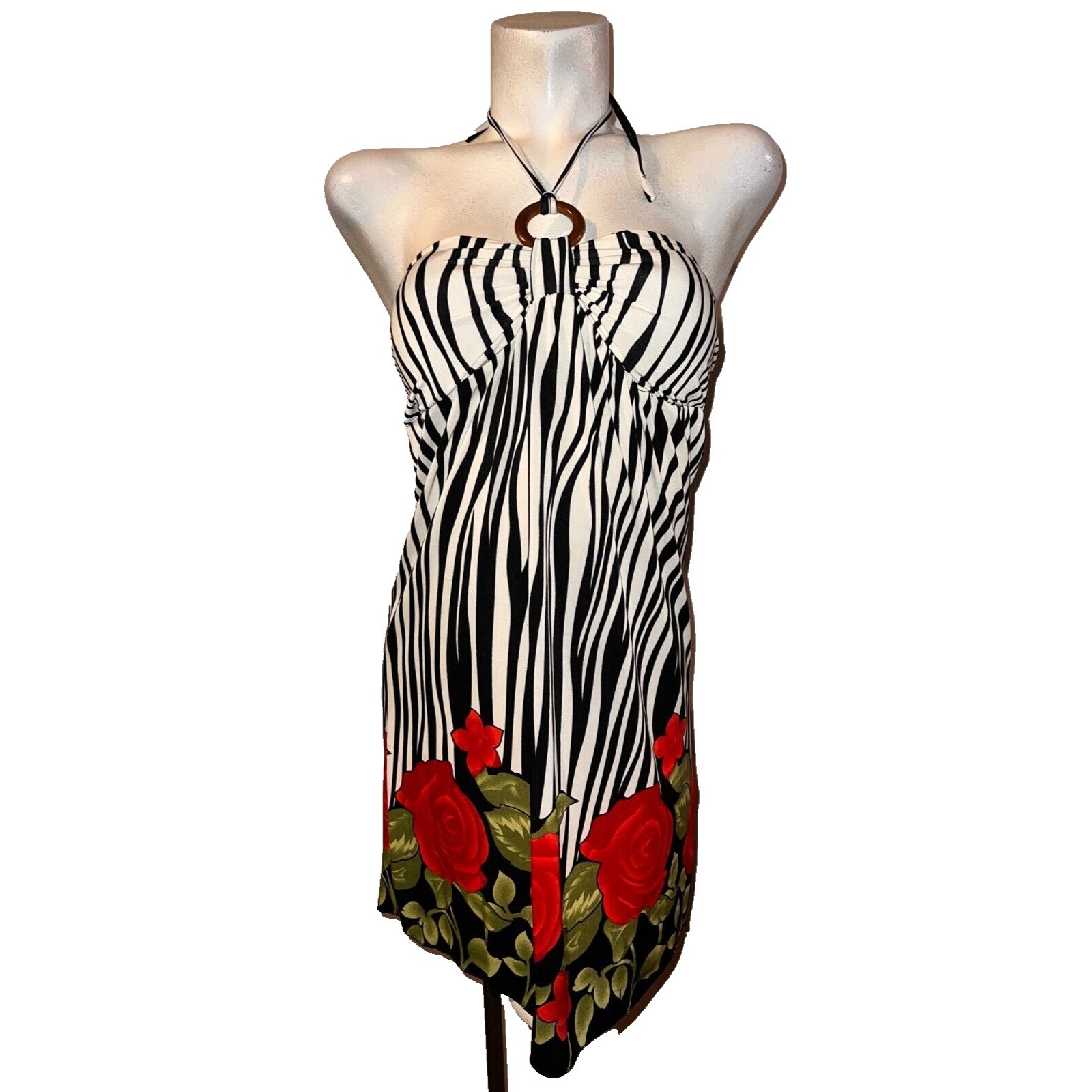 Annabelle New York Ivory Black Red Zebra Print Rose Halter Dress Women’s Size S