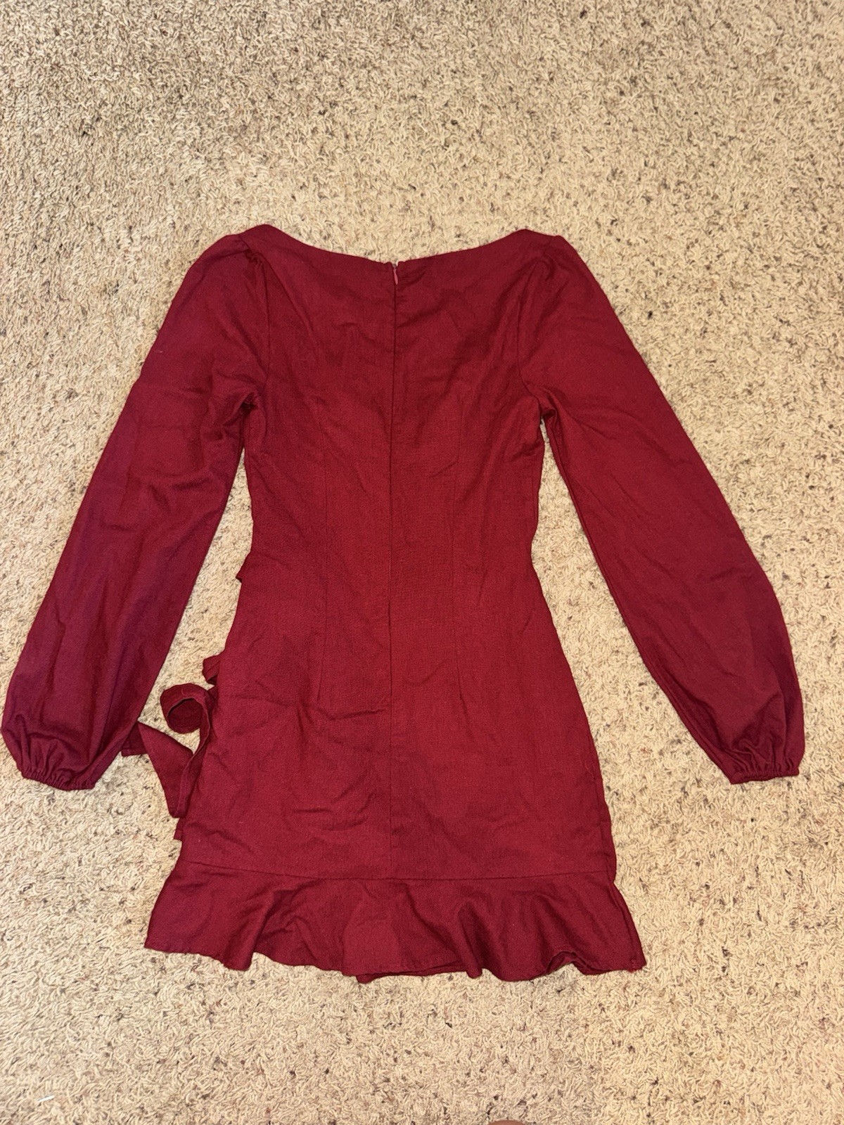 Princess Polly Burgundy Wrap Mini Dress Square Neck Long Puff Sleeve Ruffle US 2