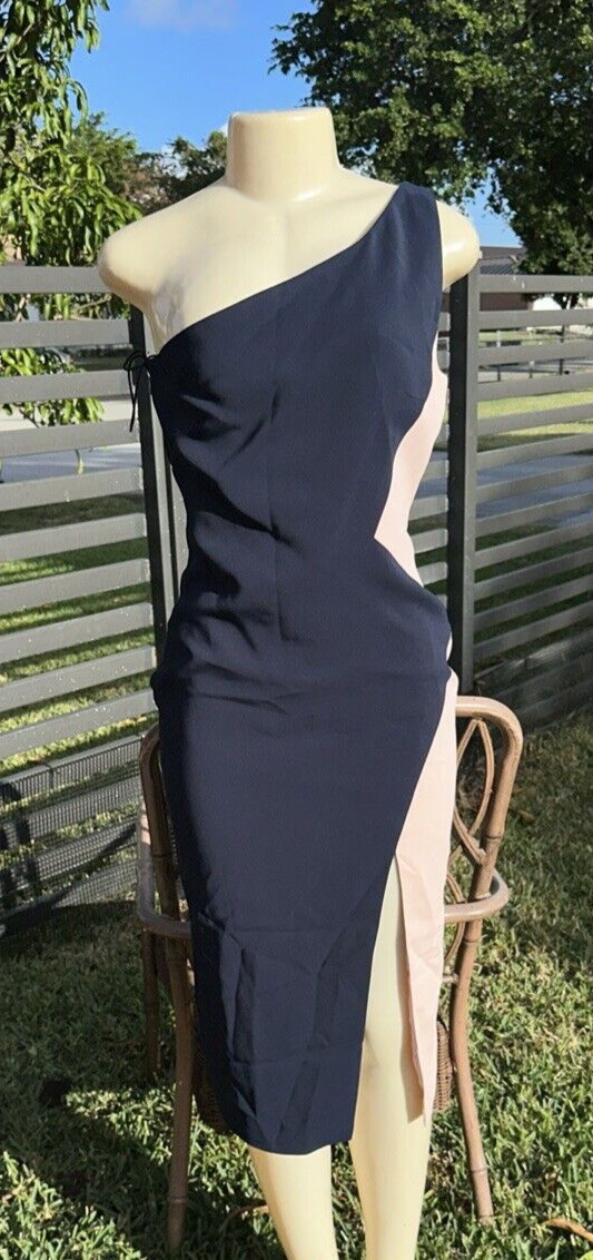CUSHNIE ET OCHS BLUE & PINK ONE SHOULDER SLEEVELESS PENCIL DRESS FRONT SLIT Sz 6