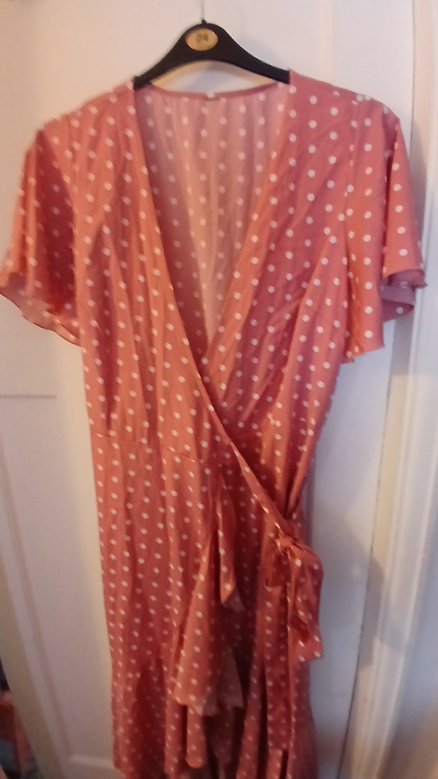 Size 18 Pink and White Spotty Wrap Over Dress With Frill Effect
