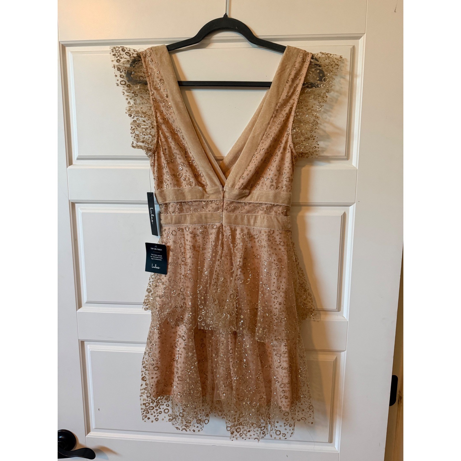 Lulus Champagne Gold Glitter Tulle Tiered Mini Dress Small Fairycore Glam