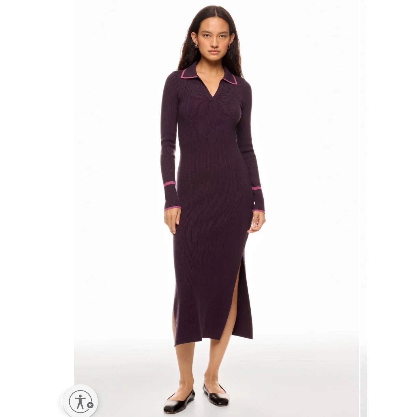 Marine Layer Ribbed Knit Polo Midi Dress Women’s Small Purple Bamboo Trim Slit